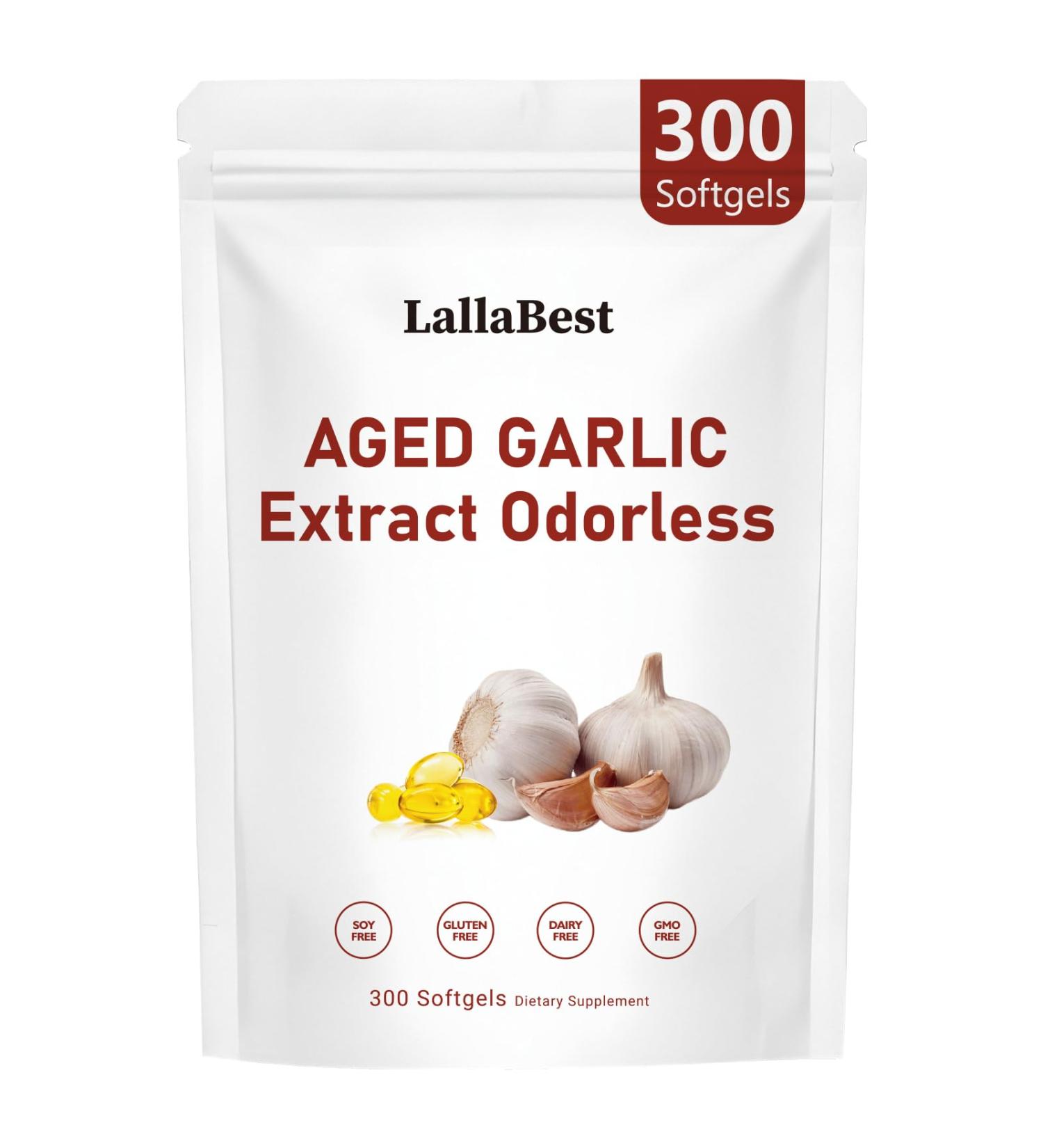 LallaBest 10000mg Aged Garlic Extract Capsules | Non-GMO Gluten-Free | 300 Softgels Odorless Organic Garlic Supplement for Heart & Immune Support | 2 Years Aged Garlic Extract - Buy Online on GoSupps.com