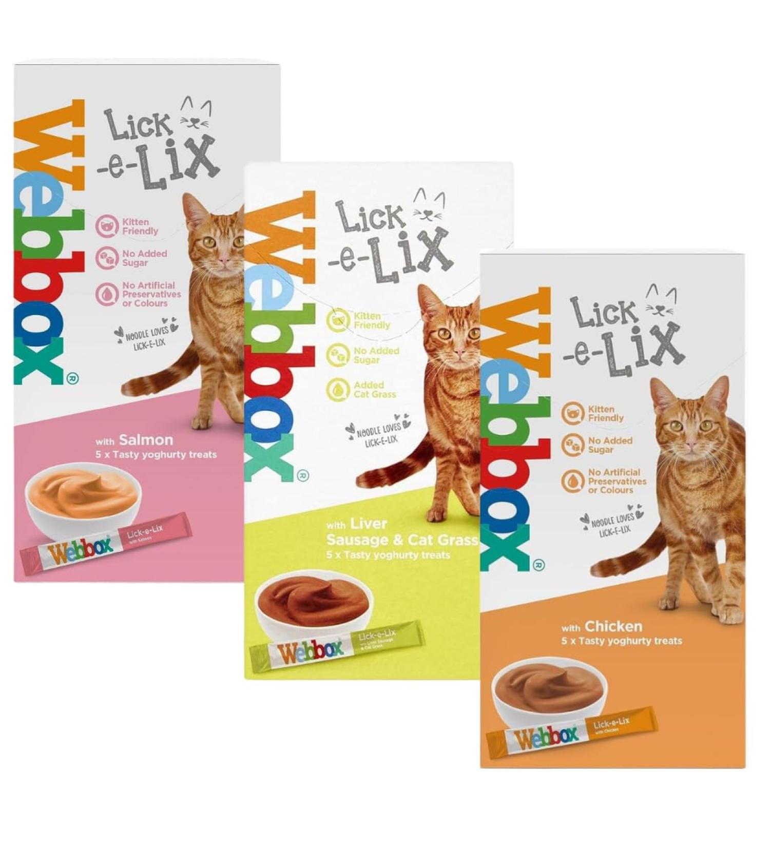 Lick-e-Lix Cat Food Yoghurt Kitten Friendly Wet Soft Creamy Treats - Liver Sausage & Cat Grass - Salmon & Chicken Flavour - Box of 3 - Buy Online on GoSupps.com