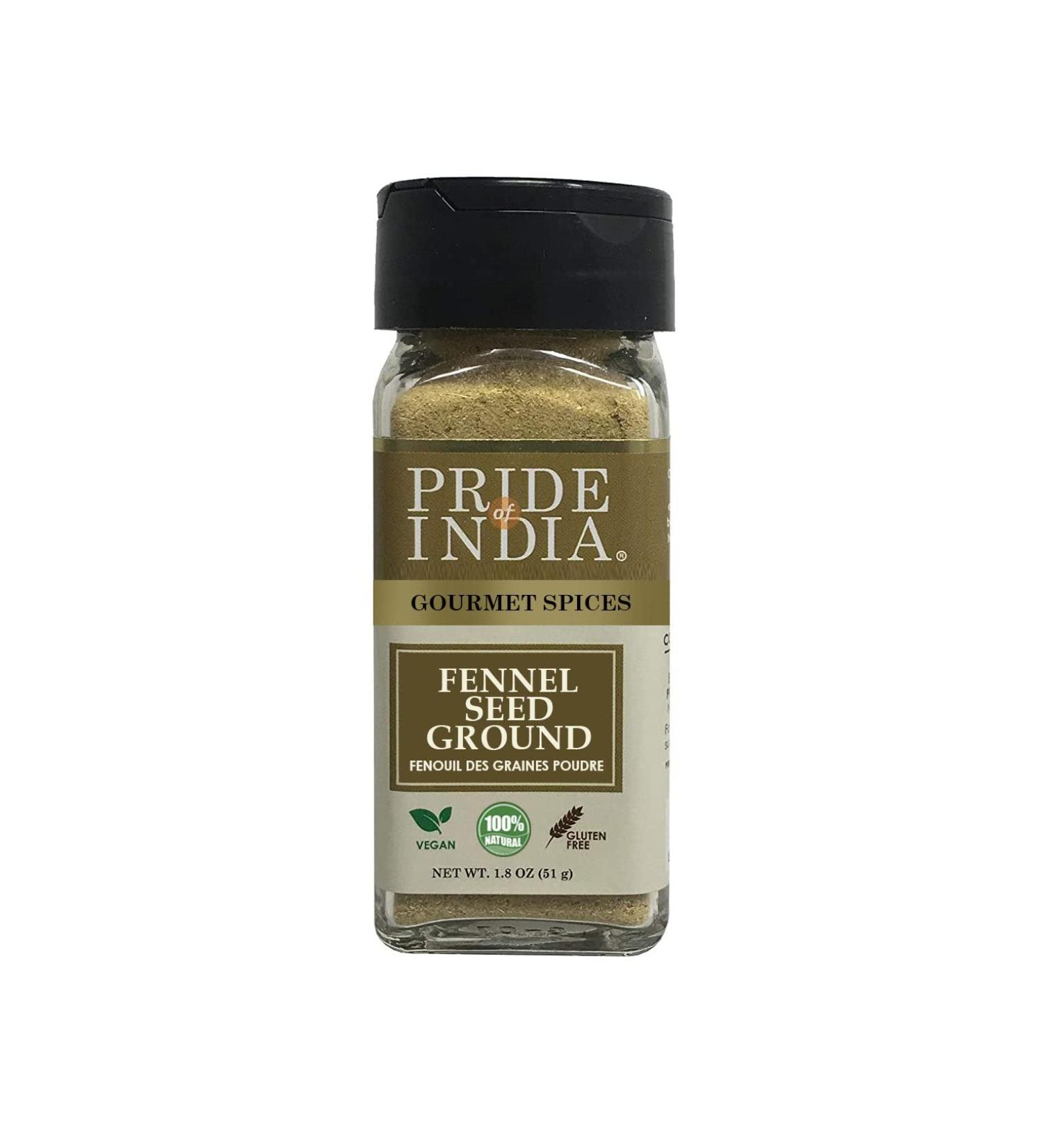 Pride of India Fennel Seed Ground - Natural Gourmet Spice for Tea/Drinks/Roast/Rubs/Bakes - Cooling Properties - 1.8 oz Dual Sifter Jar - Buy Online on GoSupps.com