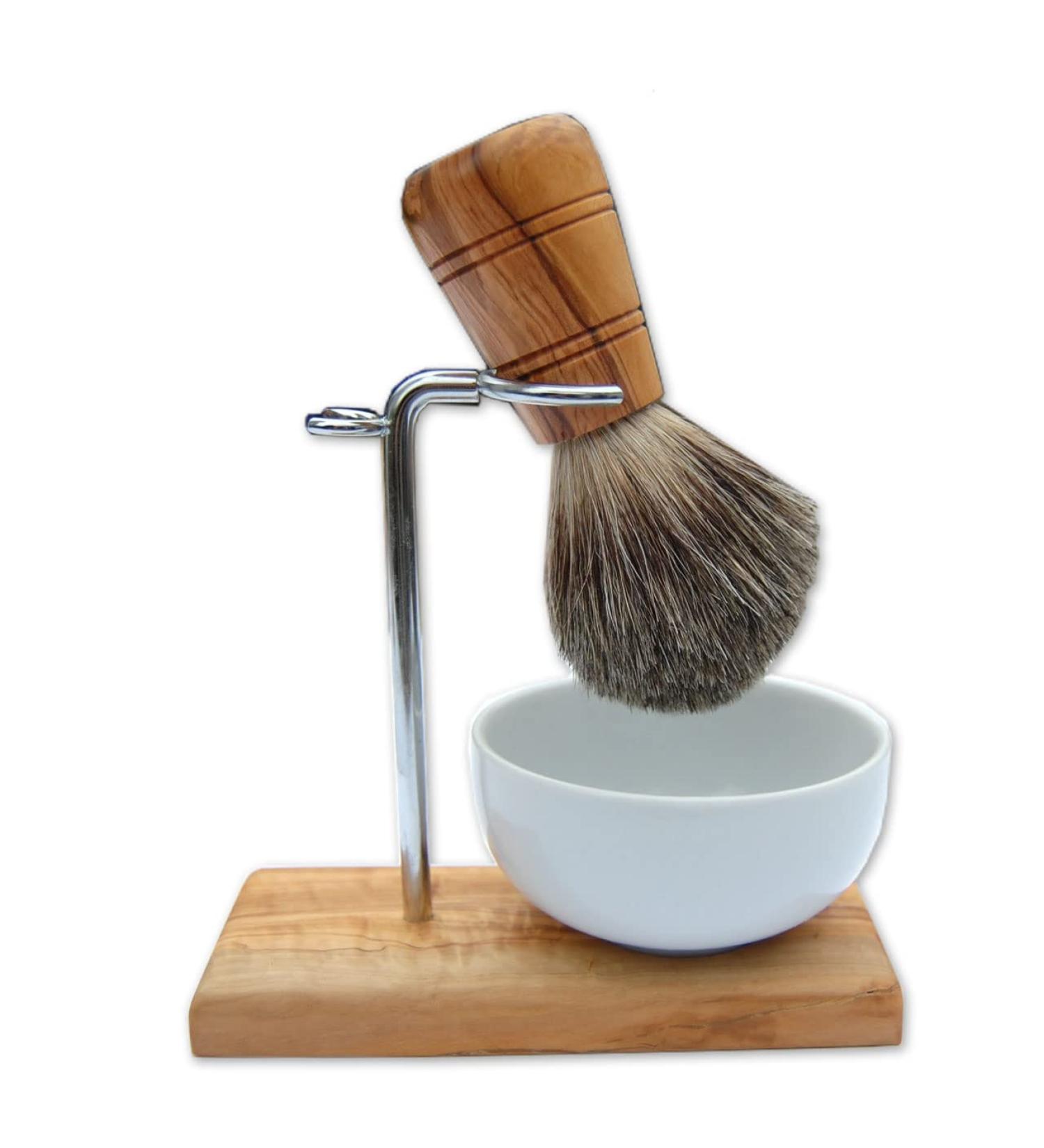 Shaving brush holder made of olive wood and stainless steel including porcelain bowls also available as a set with a shaving brush and wet razor (Halter Classic with shaving brush)