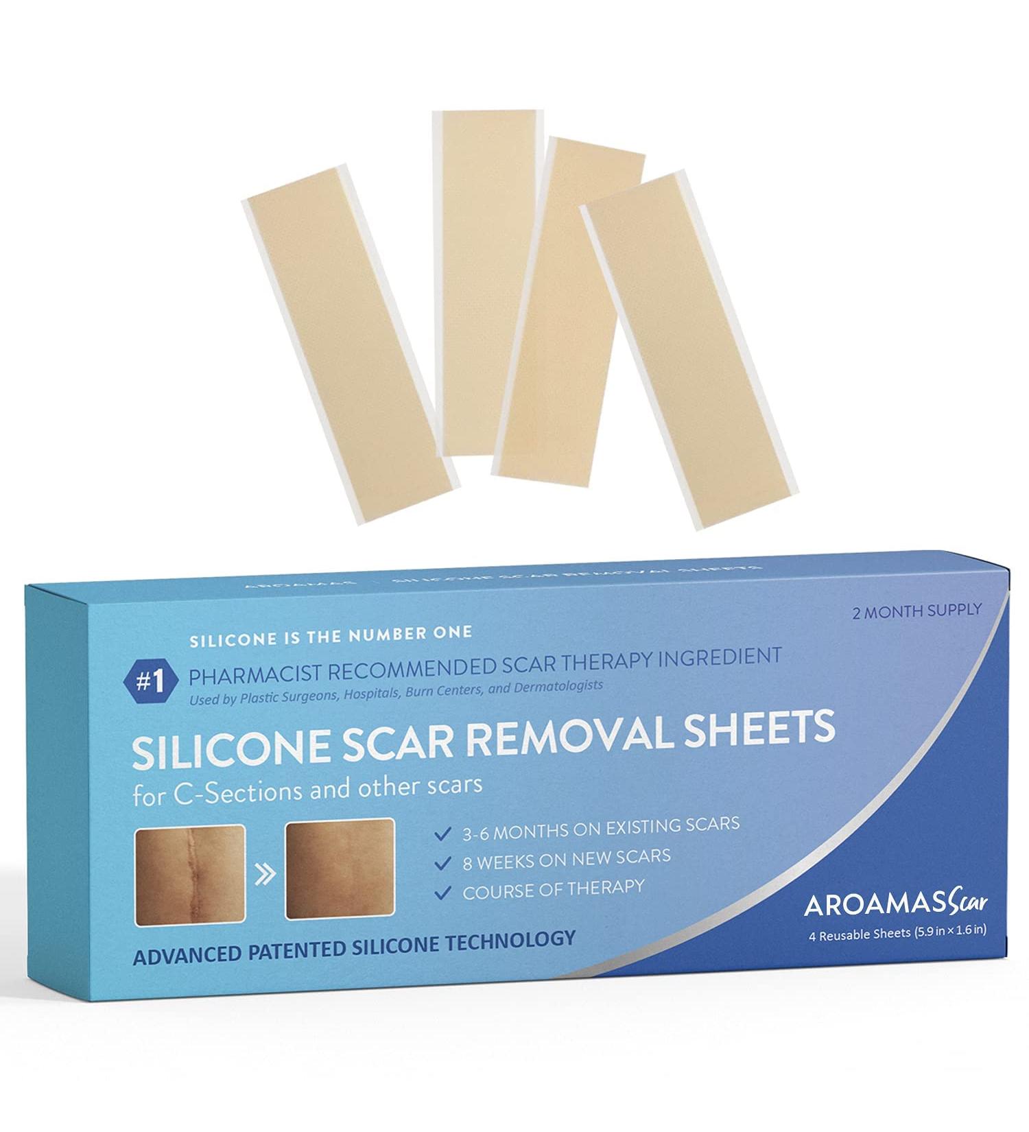 Aroamas Silicone Scar Removal Sheets 4 pcs White Professional, Drug-Free Solution for Burn, Keloid, Acne, Surgery Scars Soft Adhesive Fabric Strips, 2 Month Supply - Buy Online on GoSupps.com