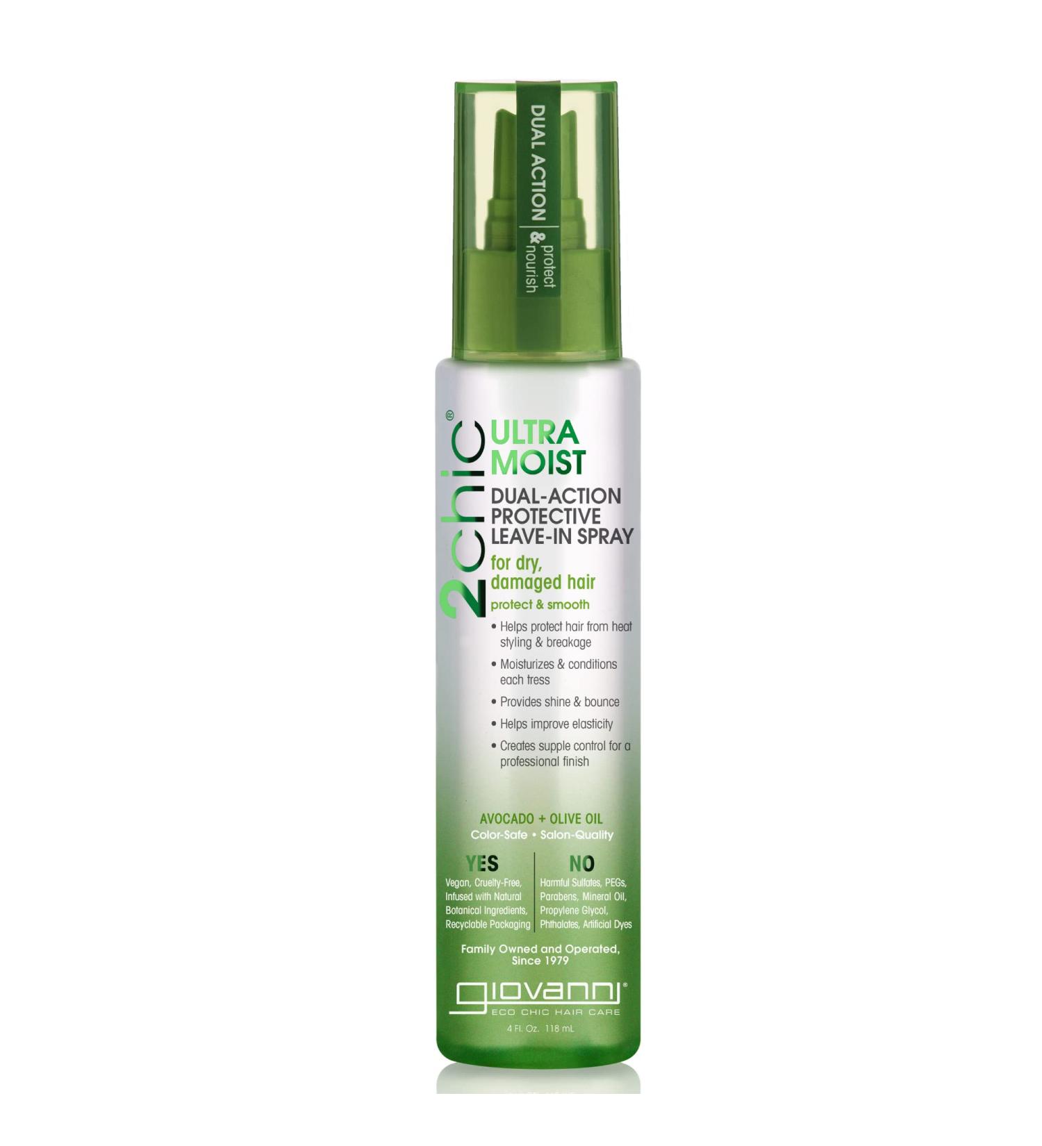 GIOVANNI 2chic Ultra-Moist Leave-In Spray 4 oz - Heat Protection, Avocado & Olive Oil, Aloe Vera, Shea Butter, Botanical Extracts - Paraben-Free, Color Safe - Buy Online on GoSupps.com
