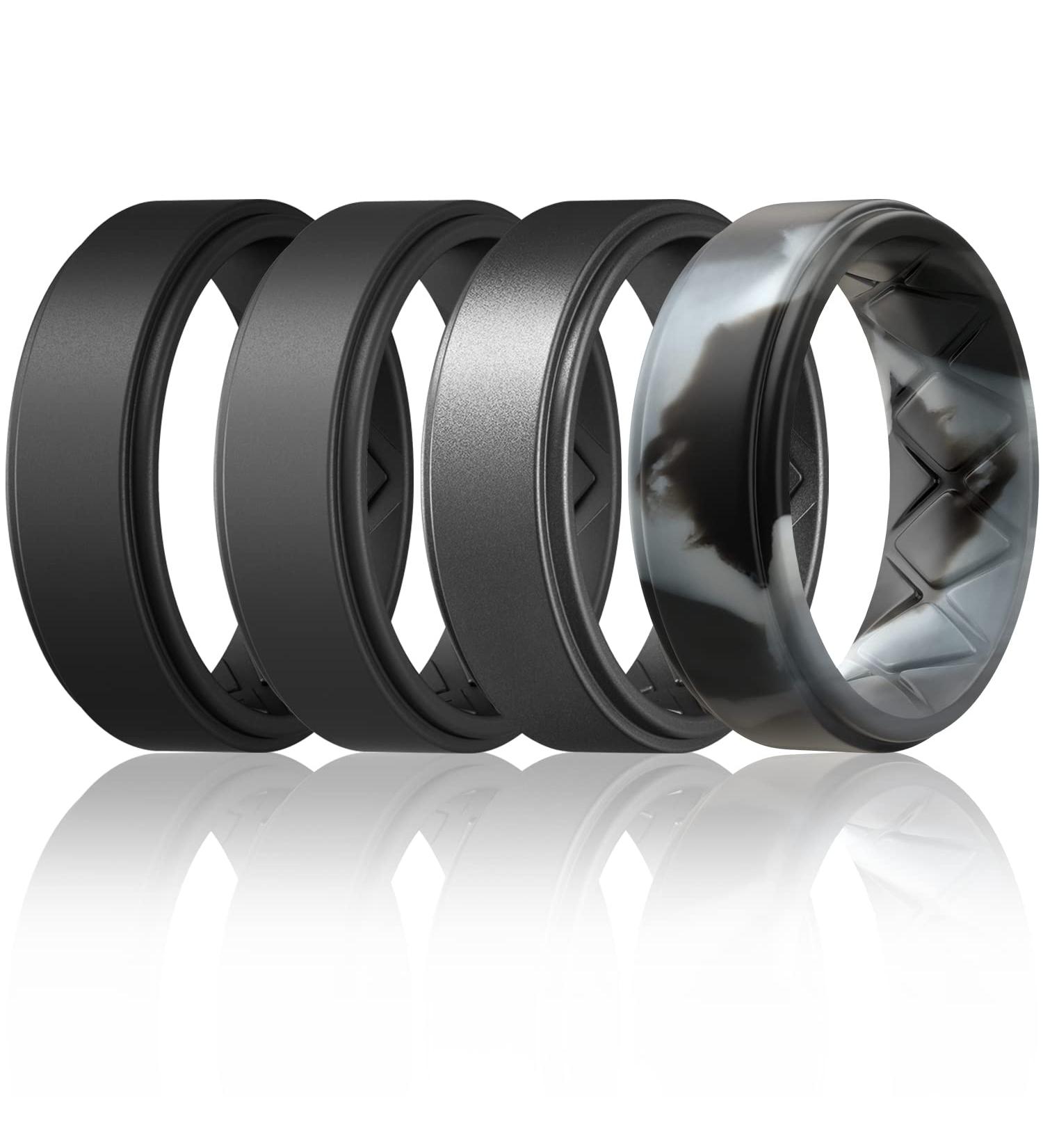 MIROMIHO Silicone Wedding Ring Set for Men - Ergonomic Breathable Design - 4 Pack of Rubber Bands - 8.5mm Wide - 2mm Thick - Black Gray Gun Metal Camo - Size 10 - Buy Online on GoSupps.com