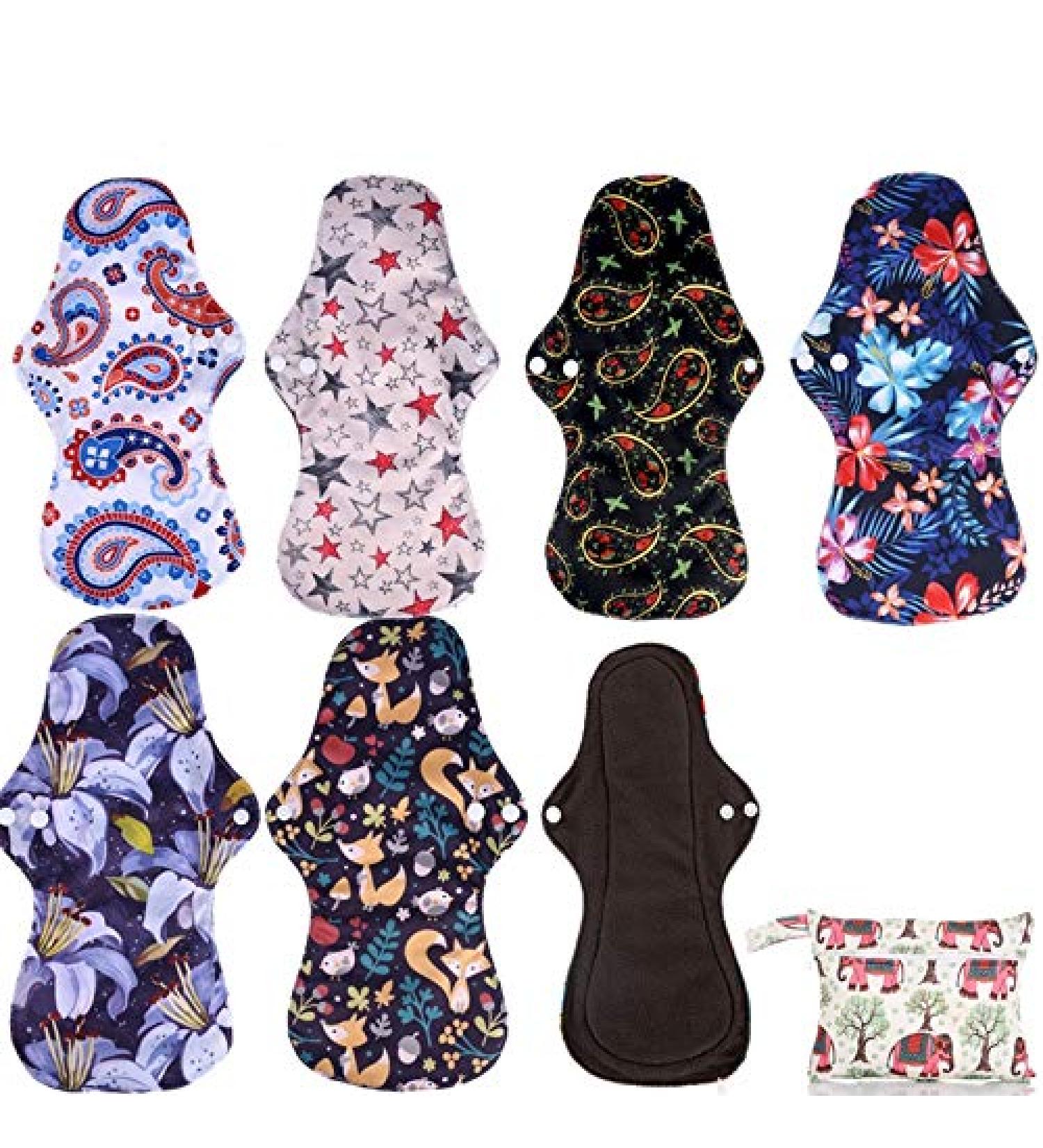 Simfamily 8 Pack Bamboo Charcoal Reusable Waterproof Cloth MenstruaL Pads Heavy Flow Over Night Sets(7Pcs Pads +1Pc Mini Bag) - Buy Online on GoSupps.com