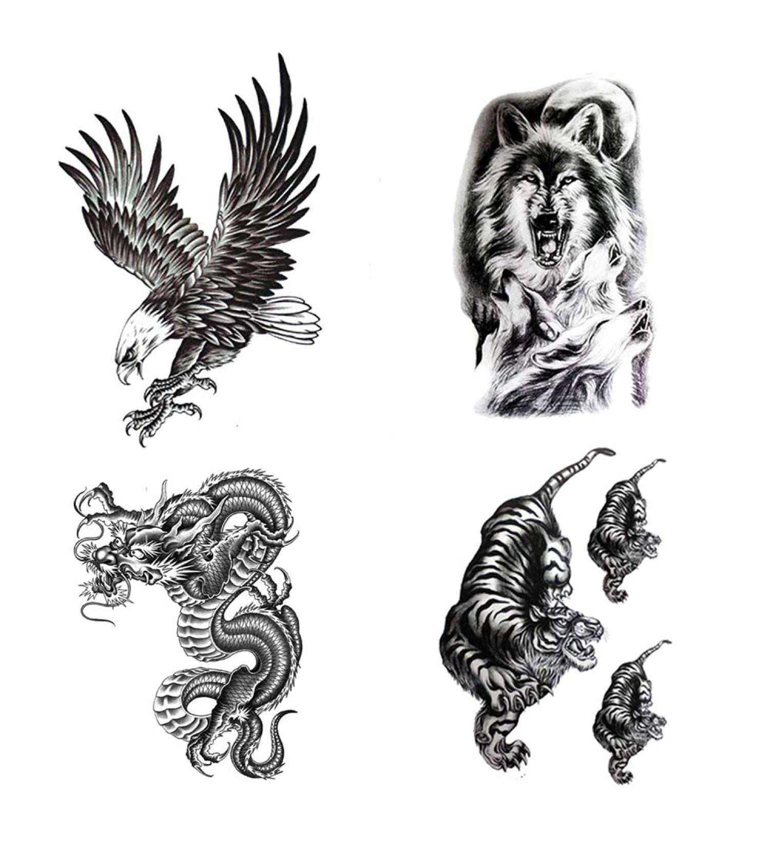 Realistic Large Temporary Tattoos - Waterproof Fake Tattoo Stickers for Men - Eagle Wolf Tiger Dragon Designs - 4 Sheets (Black) - Adults Boys Guy - Buy Online on GoSupps.com