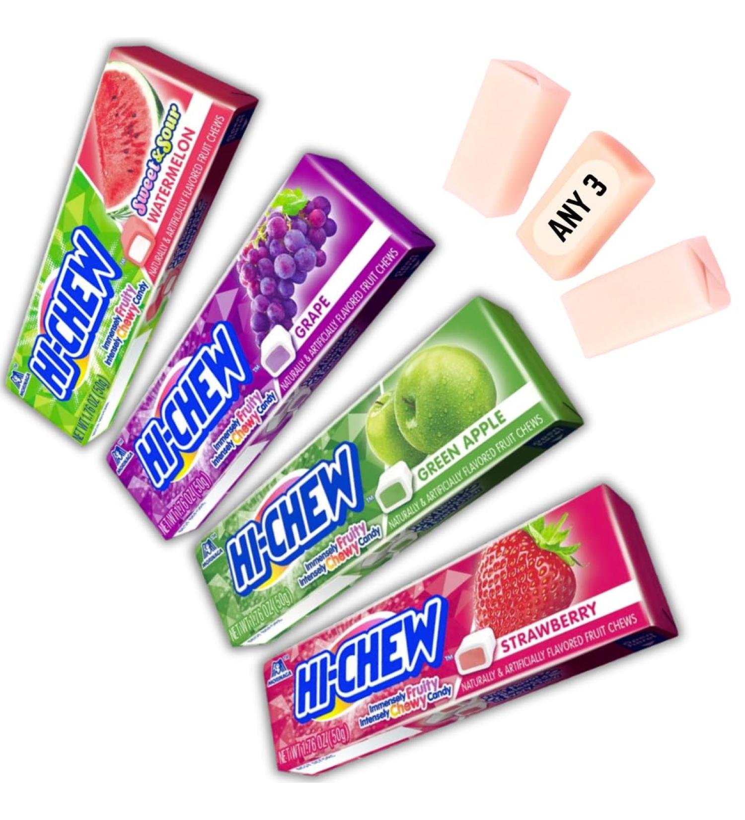 Hi Chew sweets | 3 random of 4 flavours Selected for fruit lovers | intense chewy and immense flavour symphony of sweet & sour watermelon strawberry apple and grape | pack of 3 Japanese sweets - Buy Online on GoSupps.com