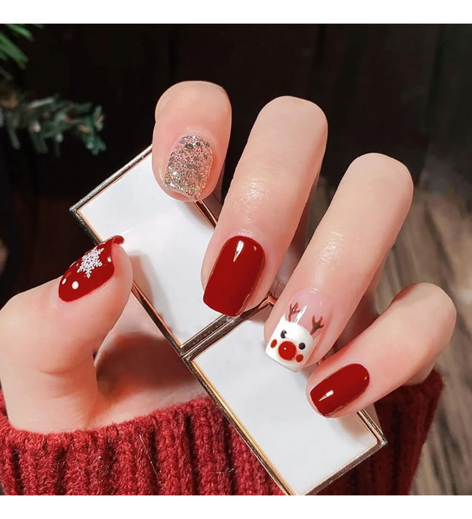 Carufin 24Pcs Christmas Tree Love Short Fake Nails Pearl Flowers Dog Rabbit Acrylic False Nails Press on Nails for Women Girls (D) - Buy Online on GoSupps.com