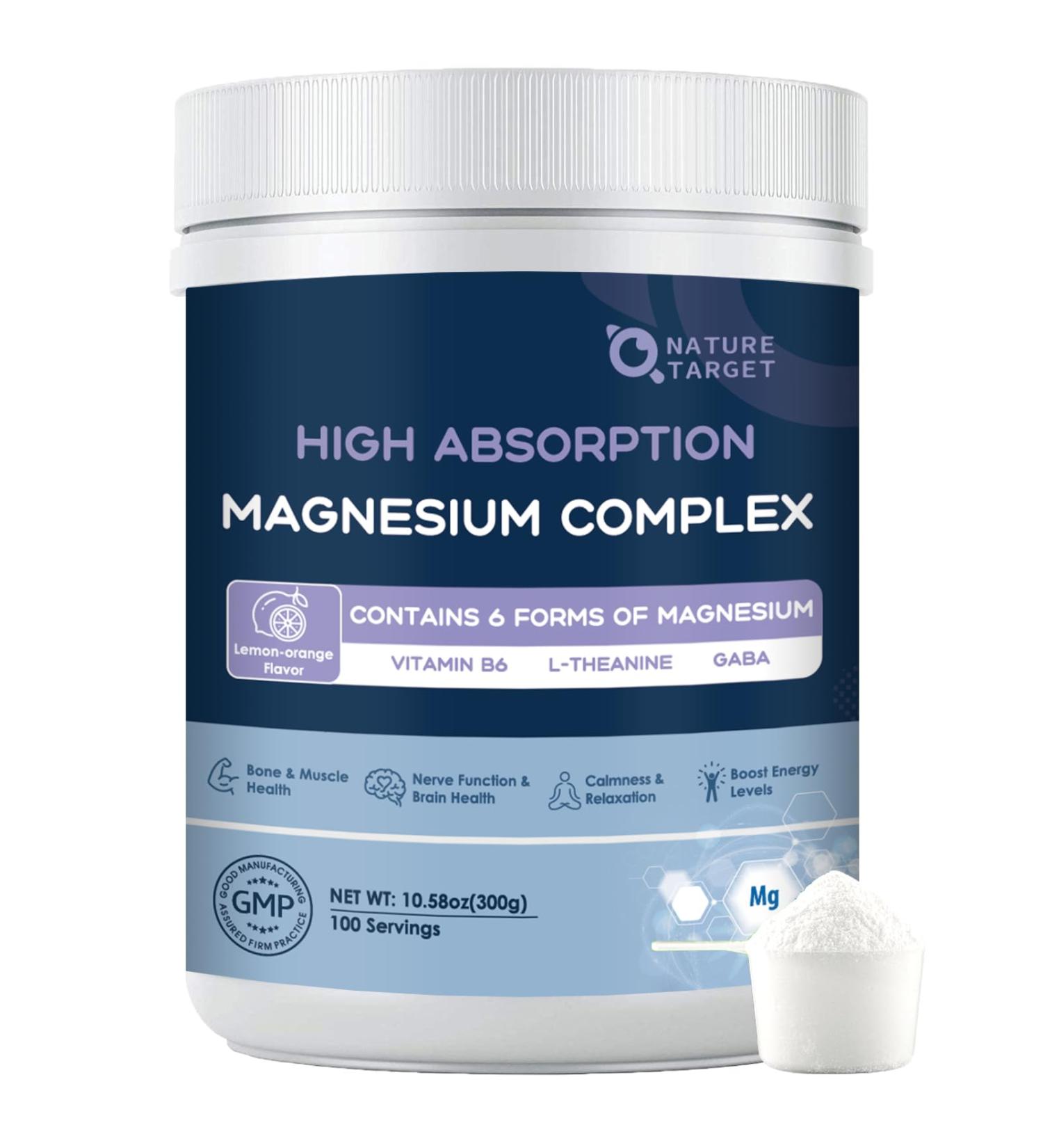 NATURE TARGET Magnesium Powder Supplement with Glycinate Citrate Malate Magnesium Complex with L-Theanine & Vitamin B6 for Muscle Heart & Brain Vegan 10.58 oz (100 Servings) Lemon Orange Flavor 10.58 Ounce (Pack of 1) - Buy Online on GoSupps.com