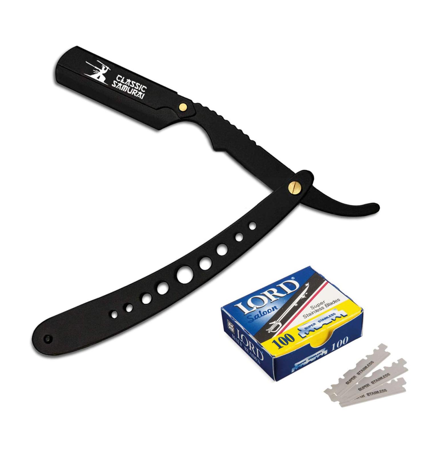 Buy New Ergonomic Stainless Steel Folding Barber Razor Shavette | Professional Manual Shaver with 100 Lord Blades - Matte Black | International Shipping Available - Buy Online on GoSupps.com