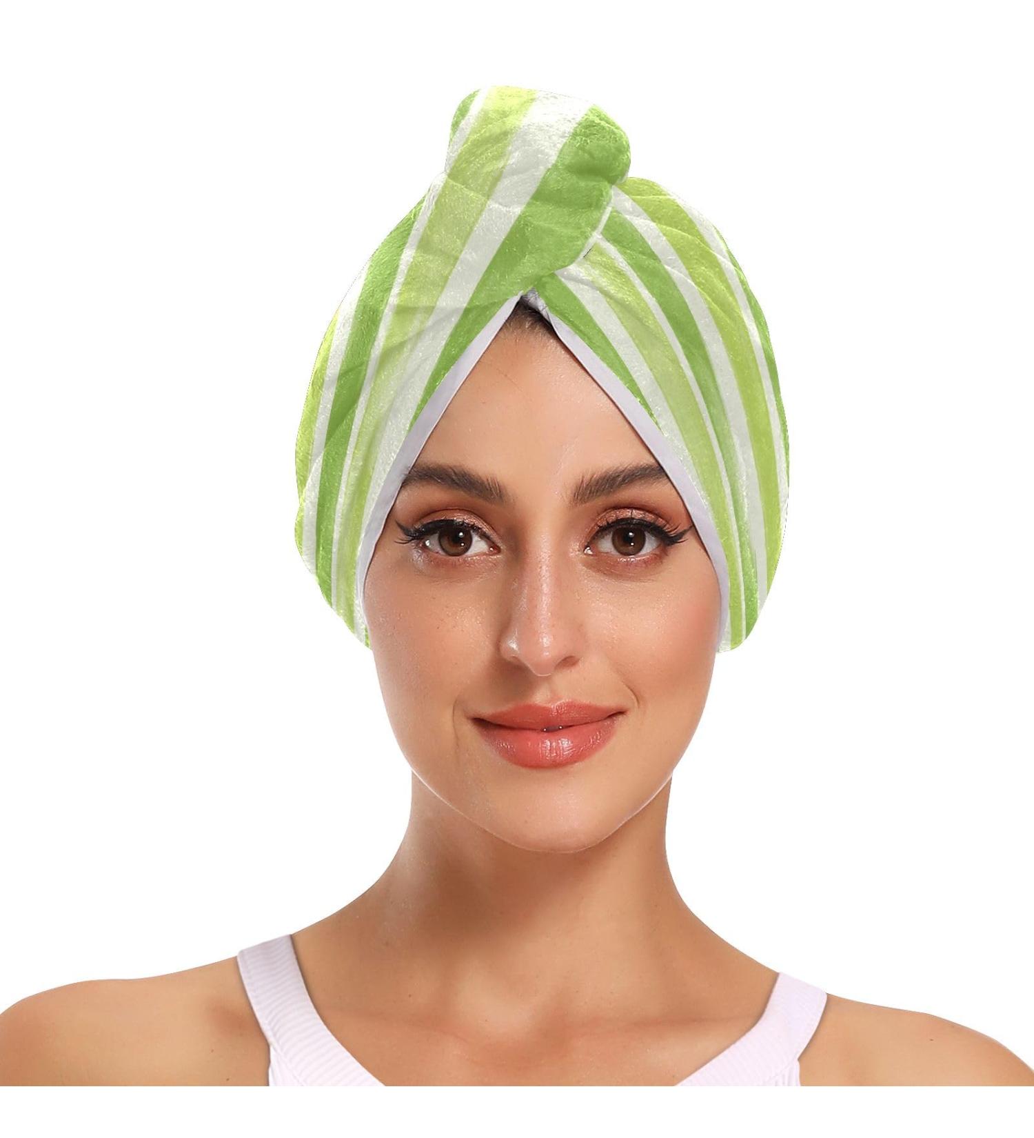 Green Stripe Hair Towel 2 Pack - Super Absorbent Quick Dry Hair Turbans for Women & Girls | Fast International Shipping - Buy Online on GoSupps.com