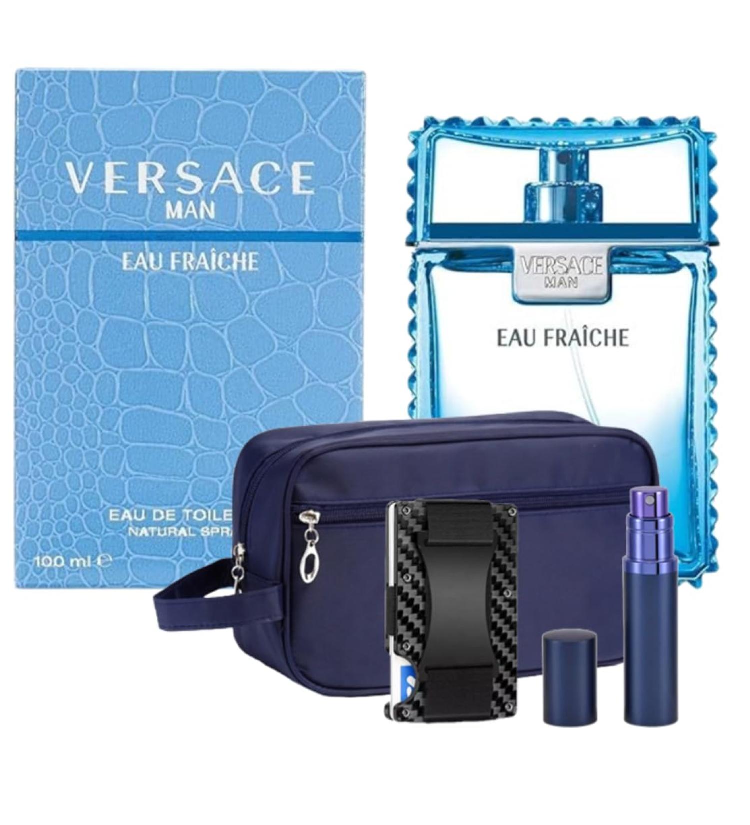 Eau Fraiche for Men 3.4 oz EDT - Luxury Gift Set - Toiletry Bag Fillable Travel Perfume Atomizer and RFID Metal Carbon Fiber Minimalist Wallet - Buy Online on GoSupps.com