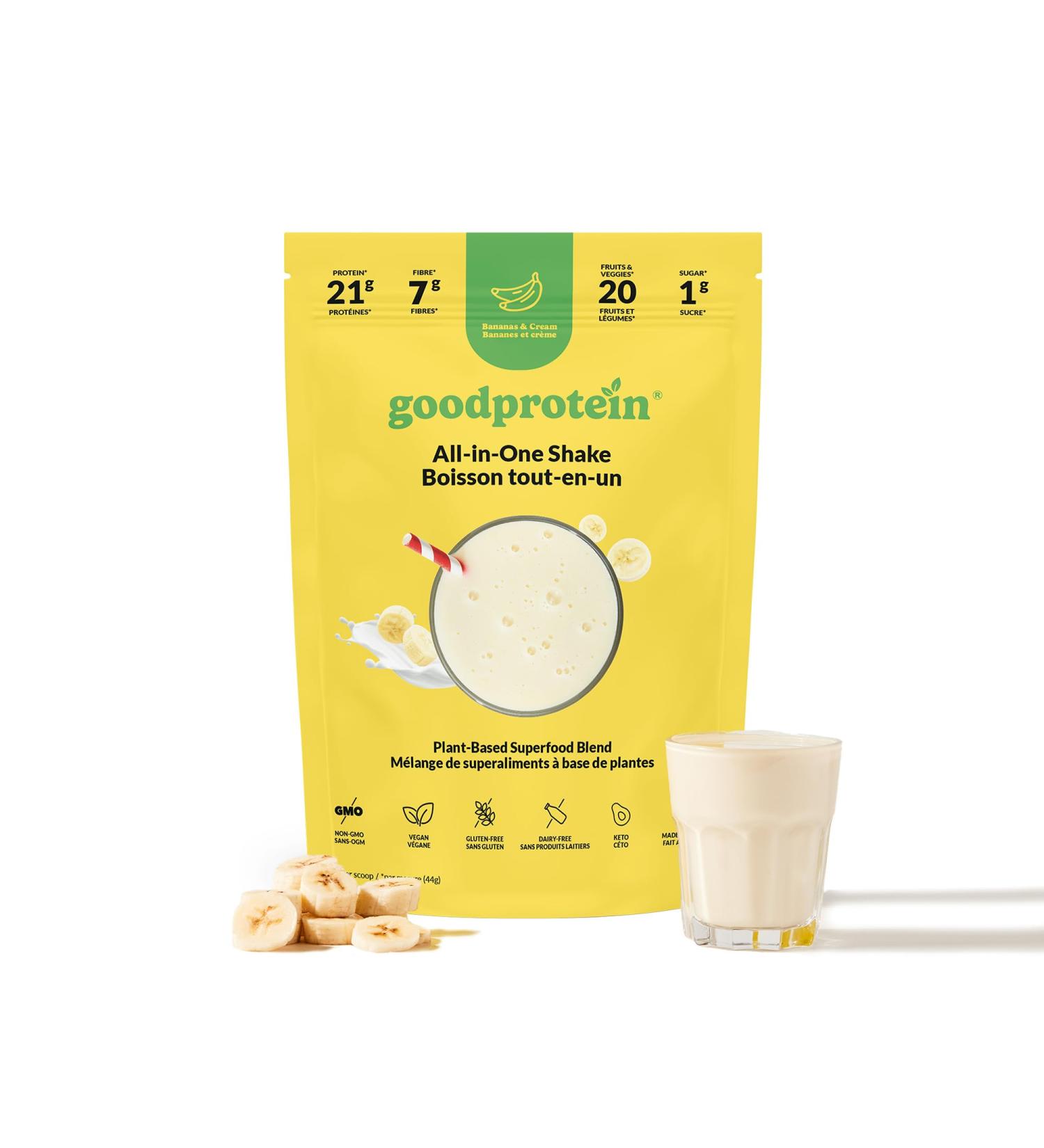 Good Protein Vegan Plant-based Protein Powder 100% Natural Non-GMO Dairy-free Gluten-free Soy-free No Added Sugar and Nothing Artificial. Bananas & Cream All-in-One Shake 440 grams Bananas & Cream 440 g - Buy Online on GoSupps.com