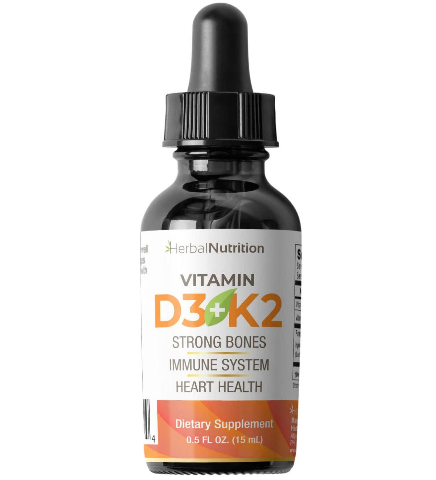 Herbal Nutrition Organic Vitamin D3 K2 Drops 5000 IU D3 + 63mcg MK7 K2 270 Servings, Vegan, Liquid Supplement Superior Delivery Bone, Heart, Immune & Mood Support Peppermint Flavor 1 - Buy Online on GoSupps.com