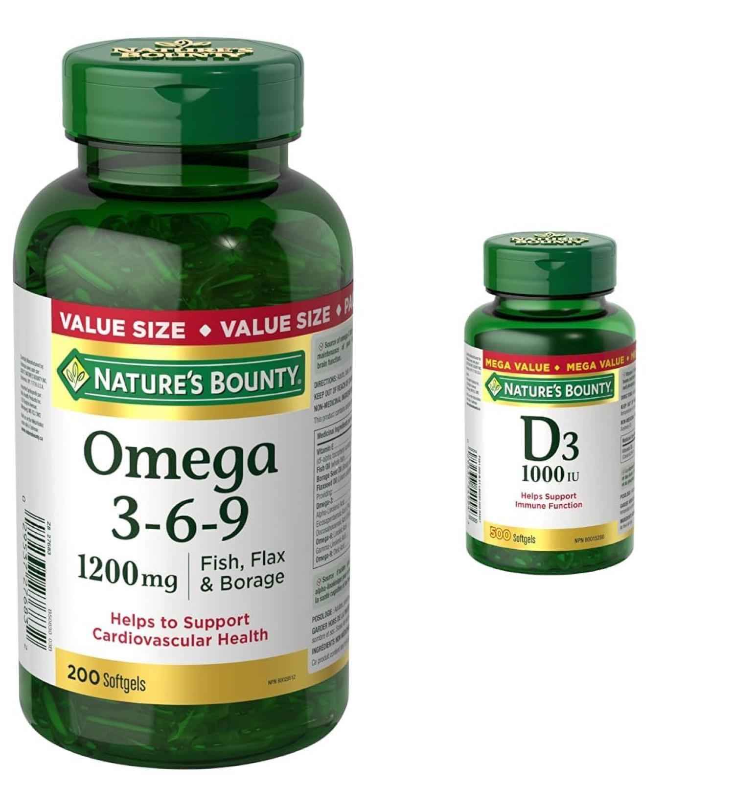 Nature's Bounty Omega 3 6 9 Fish Oil 1200mg Pills Supplement & Vitamin D3 Pills and Supplement Helps Support Immune Function 1000iu 500 Softgels Supplement + Vitamin D3 Pills - Buy Online on GoSupps.com