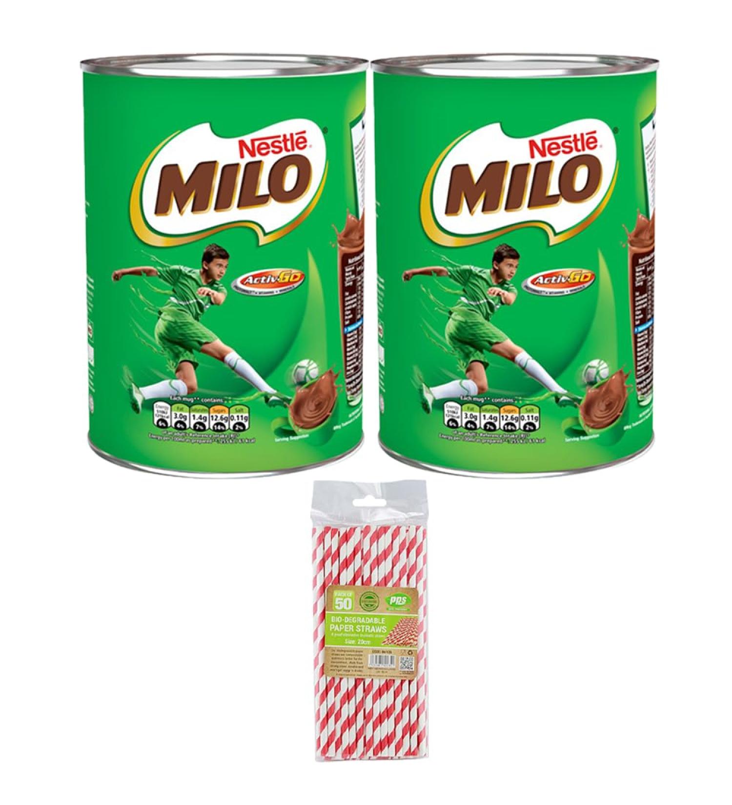 Nestle 2 x 400g Chocolate Milo Milk Drink Powder Malted Vitamin Minerals Calcium Activ Go With Red & White Design Paper Straws - Buy Online on GoSupps.com