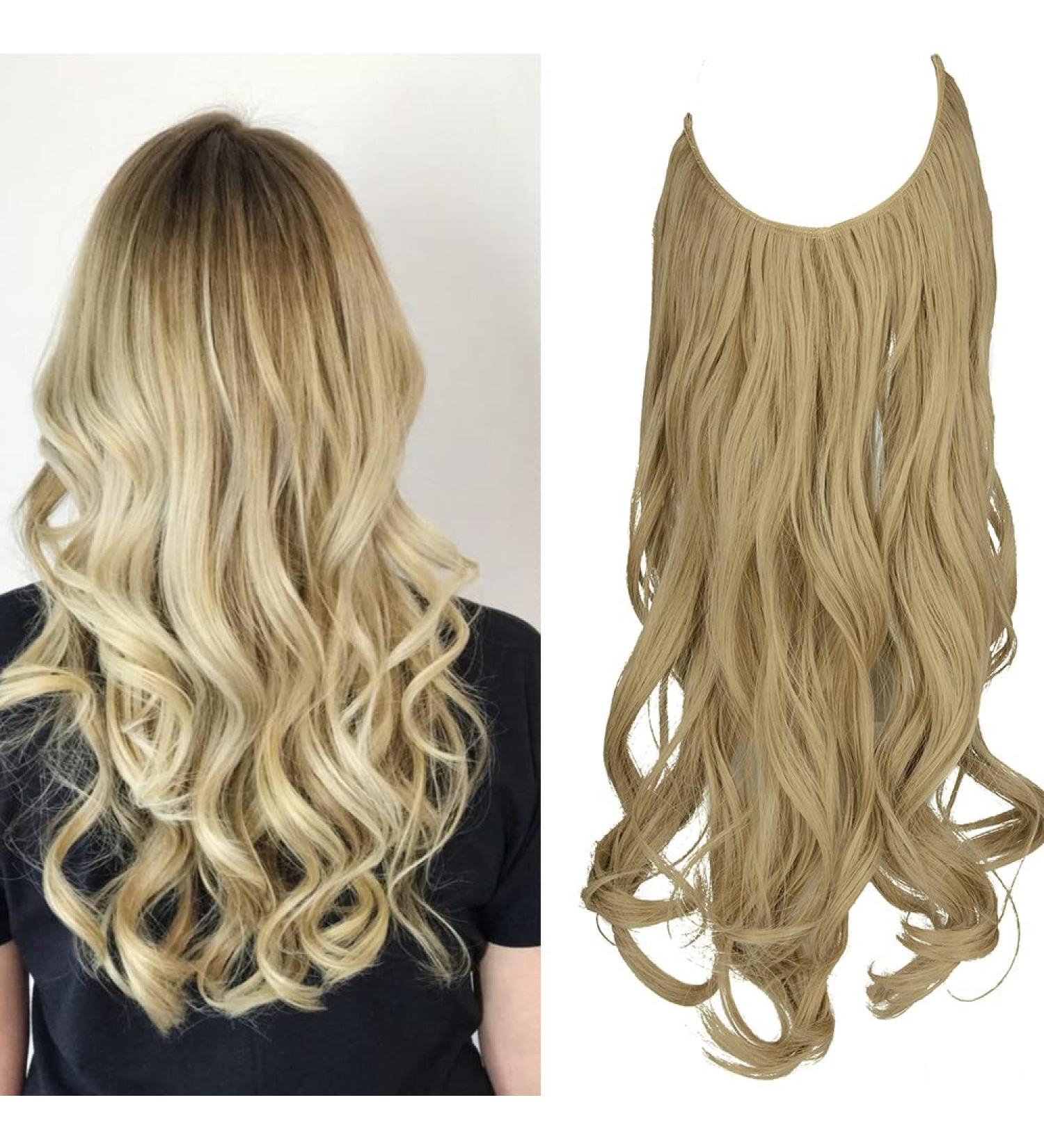 Halo Hair Extension Wavy Curly 20 Inch Synthetic Piece Light Ash Blonde & Bleach Blonde - Transparent Wire Headband for Women - No Clip 4.4 Oz - Buy Online on GoSupps.com