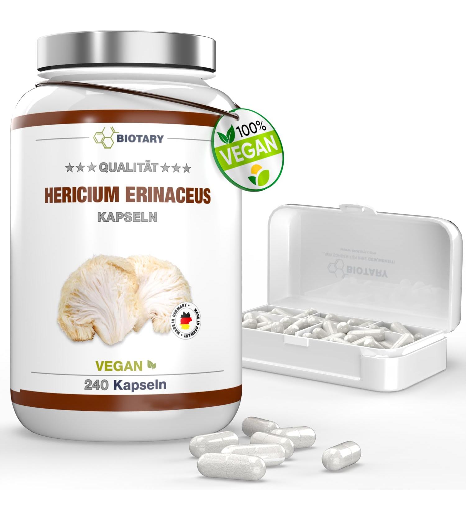 Lions Mane - 1950 mg per day - 240 capsules - extract 30:1 ( 19 500 mg Hericium Erinaceus per capsule) - with pill box - 30% polysaccharides - 5% beta glucan - vegan - high dose - Buy Online on GoSupps.com
