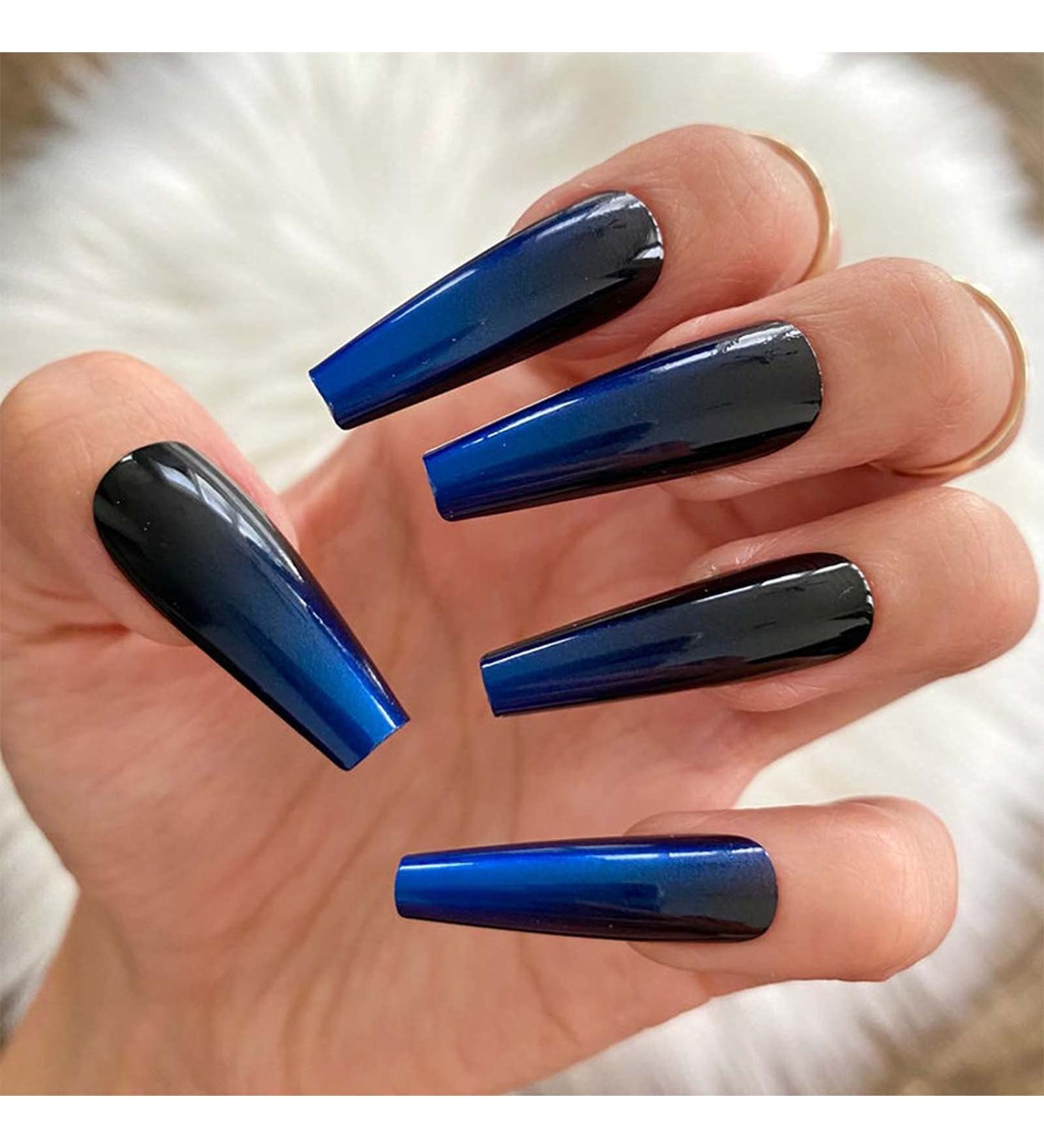 Yheakne Extra Long Coffin Ombre Press-On Nails | Shiny Ballerina Clip-On | Luxurious Blue & Black Gradient | 24-Piece Complete Set (Style B) - Buy Online on GoSupps.com