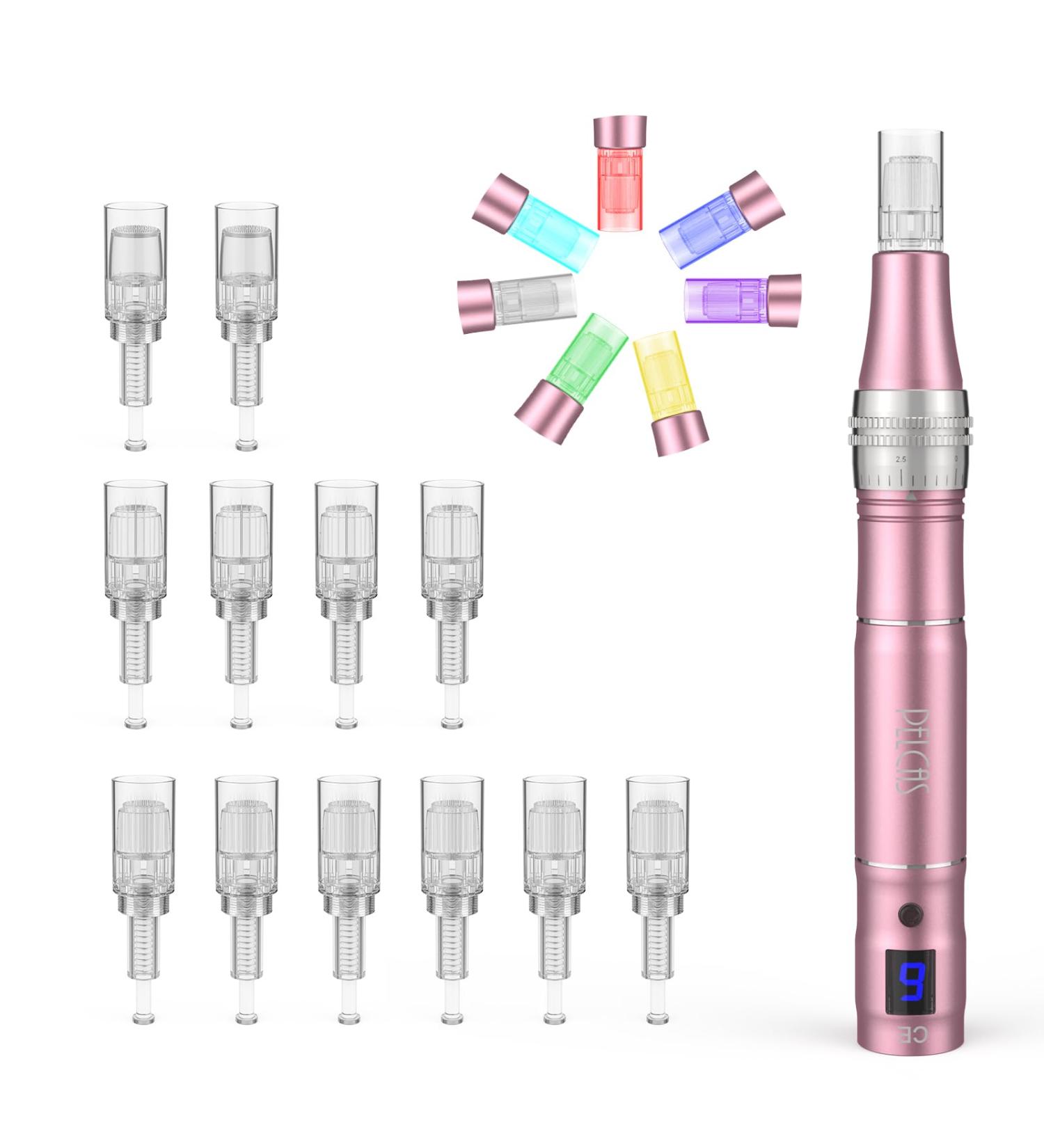 Pelcas Derma Microneedling Pen | 7 LED Light Modes & 9 Speed Levels | 0-2.5mm Micro Needle Roller for Acne Hair Loss & Pore Size | 12-Piece Needle Set - Rose Gold - Buy Online on GoSupps.com
