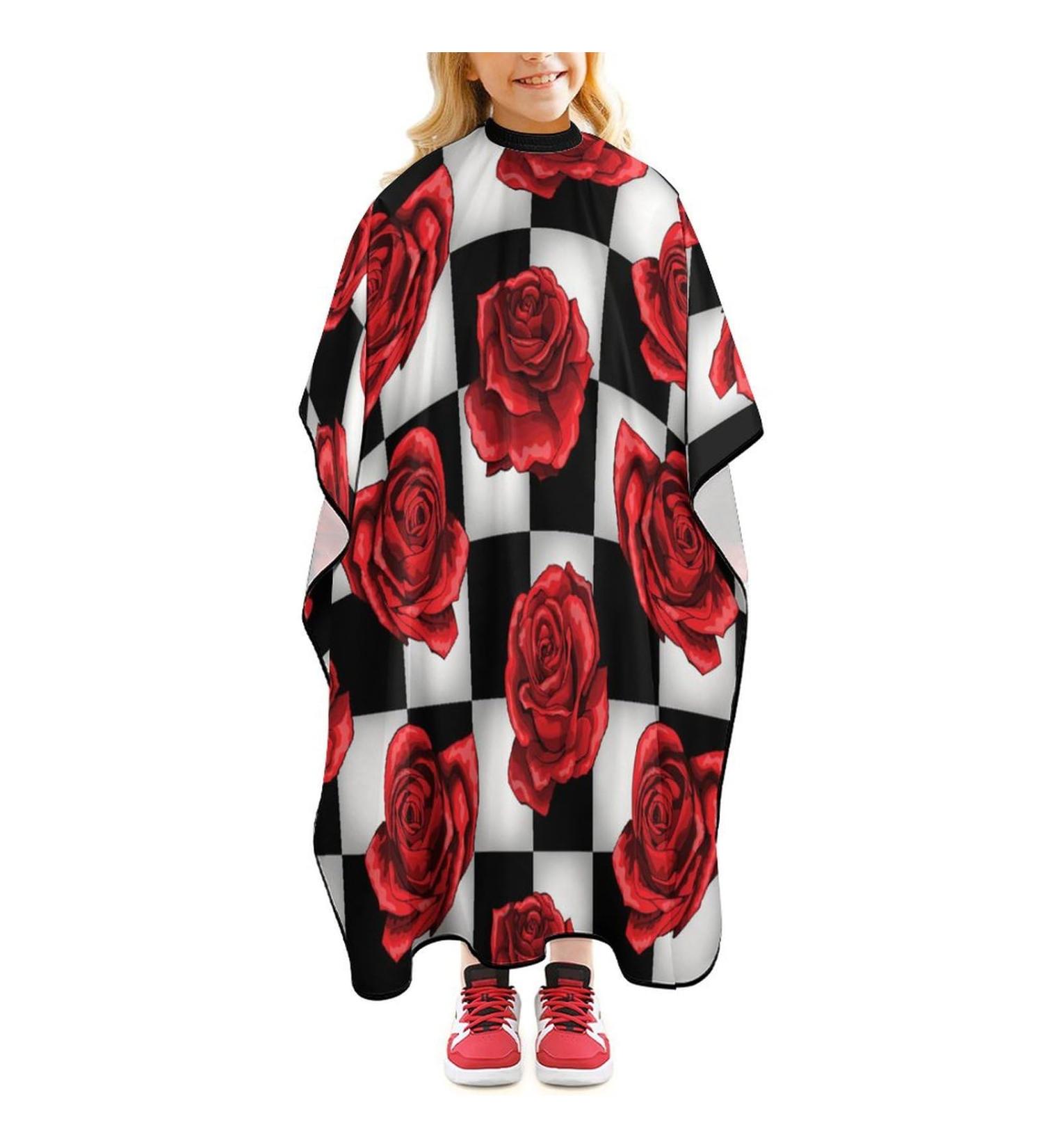 Red Roses Black White Plaid Barber Cape - Professional Hair Cutting Apron for Kids - Buy Online on GoSupps.com