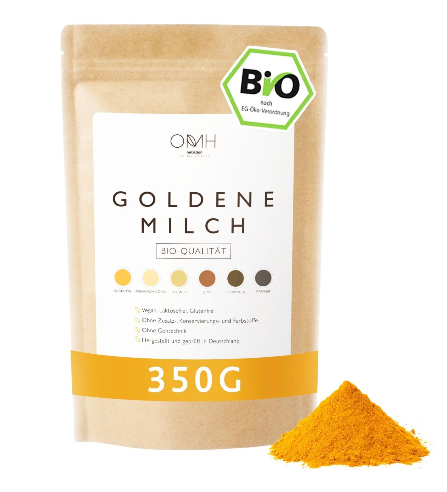 Omh Nutrition Oh My Health Bio Golden Milk 350g | Turmeric Ashwagandha Ginger Triphala Ceylon Cinnamon & Pepper | Ayurvedic Ready Mixture - Buy Online on GoSupps.com