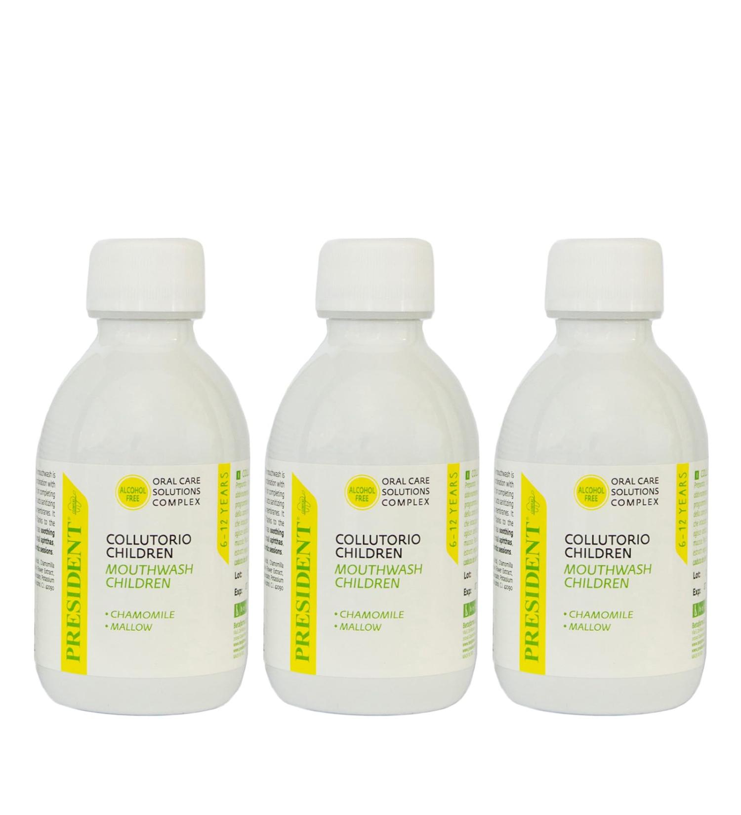 President 3-part dental care set for children from 6 to 12 years.Anti-plaque anti-caries strengthens and protects the enamel.Without alcohol 3 x 200 ml