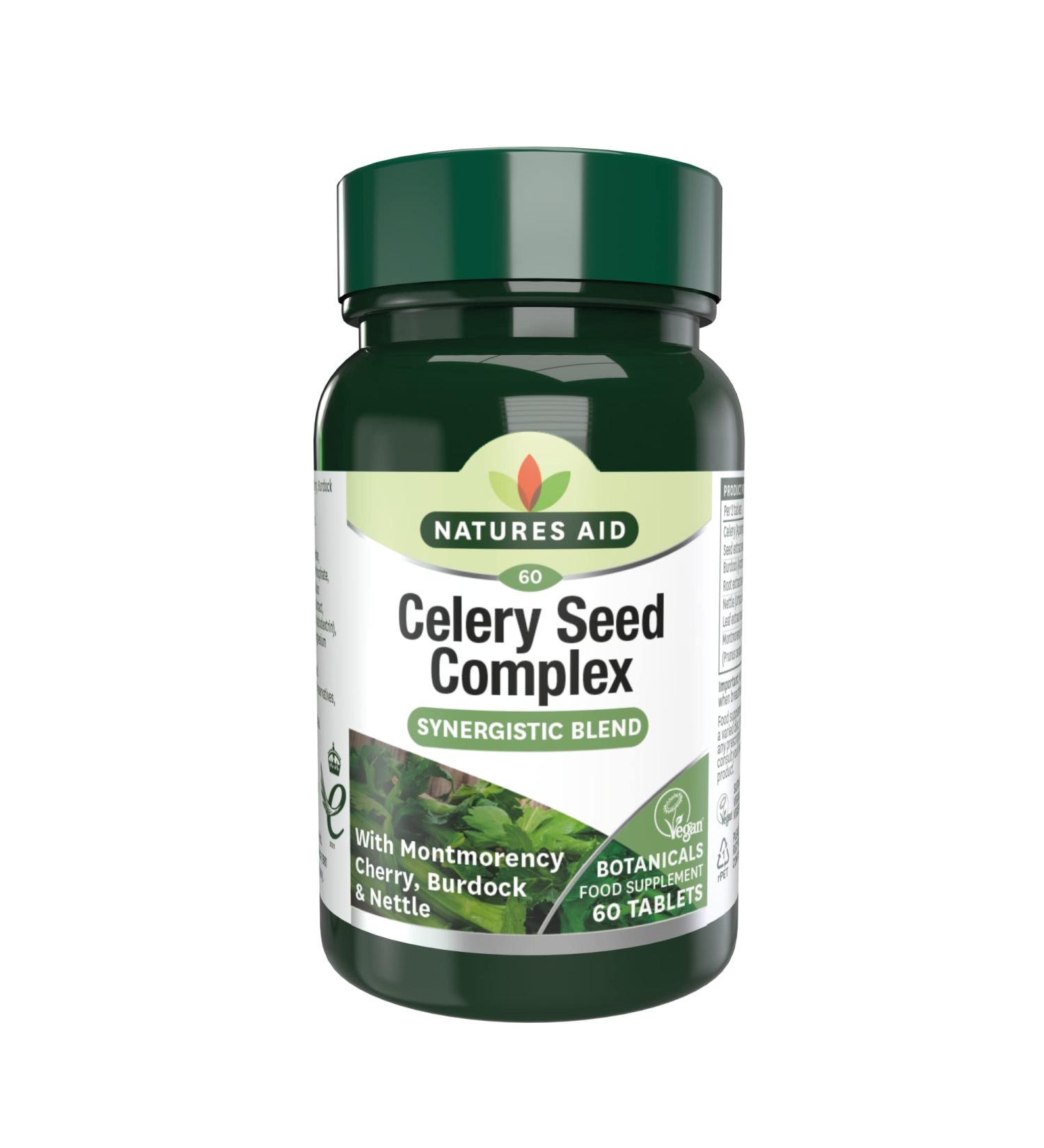 Natures Aid Celery Seed Complex With Montmorency Cherry Nettle & Burdock Vegan Tablets 60 Count (Pack of 1) - Buy Online on GoSupps.com