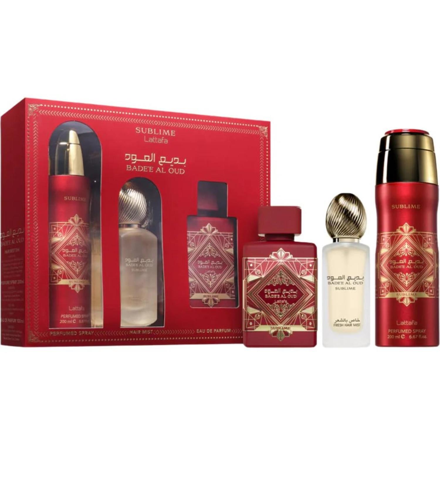 Lattafa Badee Al Oud Sublime for Unisex 3 Piece Set (3.4 Oz Eau de Parfum Spray + 1.7 Oz Hair Mist + 6.7 Oz Deodorant Spray) Fresh Fruity Vanilla Rose Sweet 11.8 Fl Oz (Pack of 1) - Buy Online on GoSupps.com