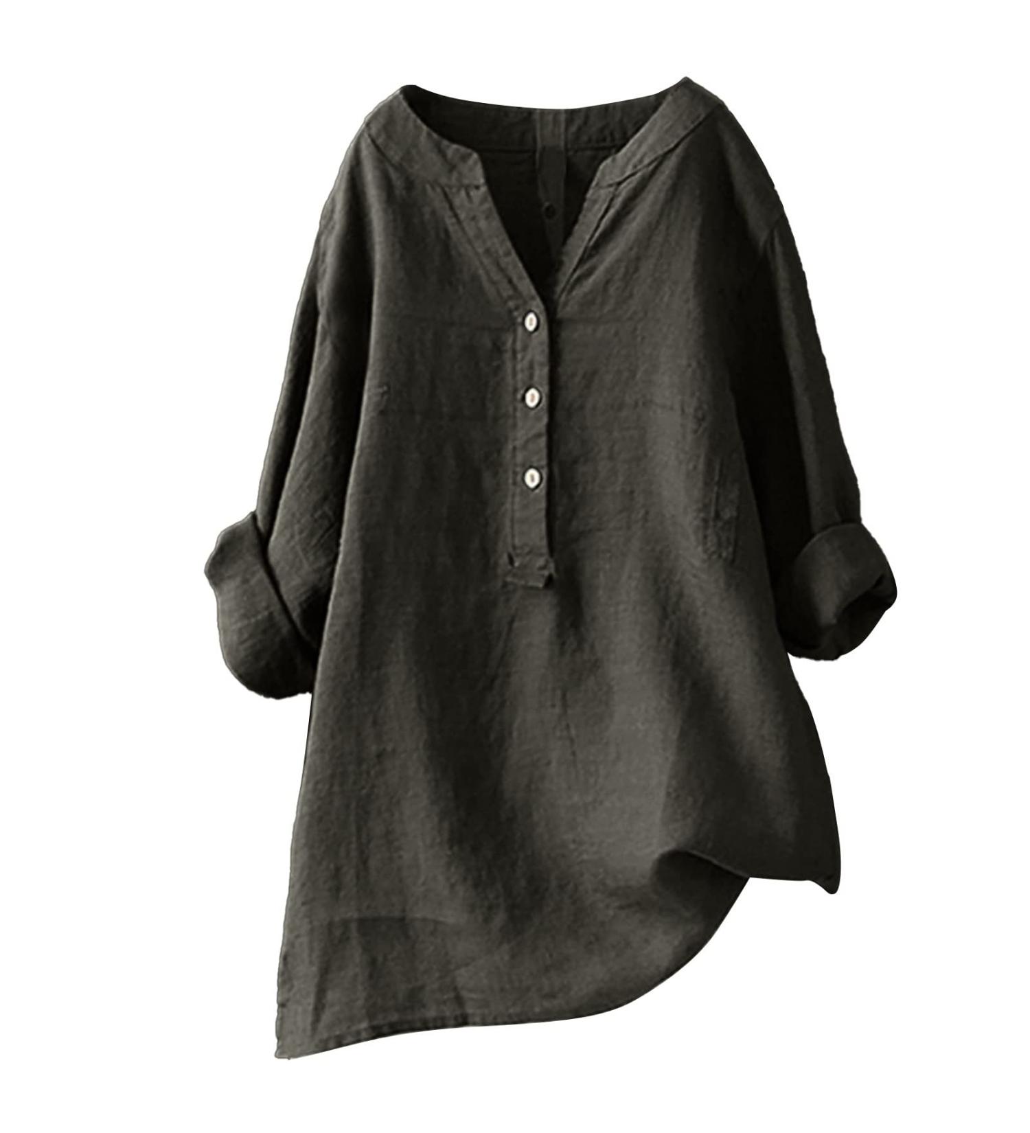 Women Linen Shirts Casual Short Sleeve V Neck Blouses Button Ladies Work Loose Fit T Shirt Retro Vintage Summer Tee Tops 4211-qppoj-f-darkgray M - Buy Online on GoSupps.com