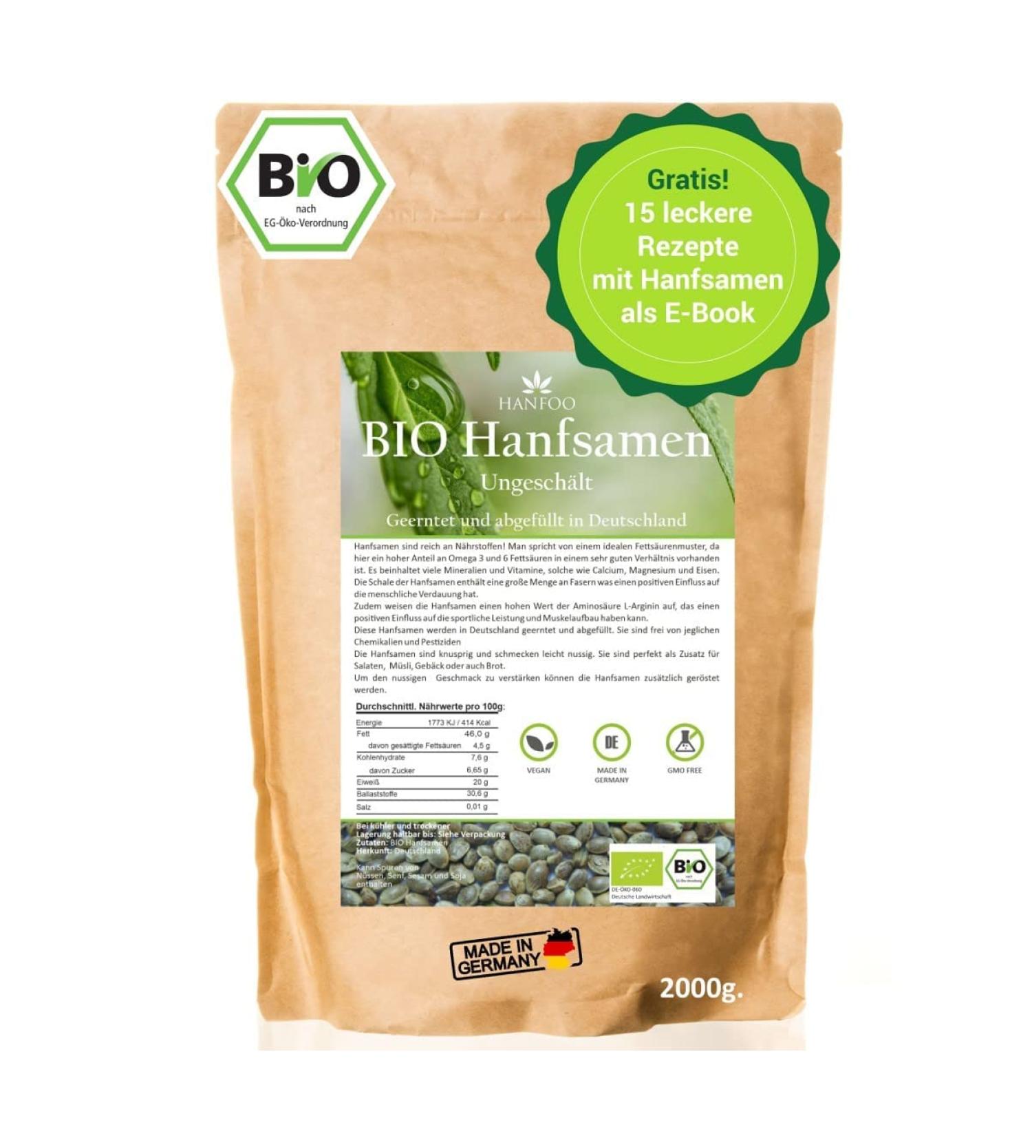 Organic Unpeeled Hemp Seeds 2kg from Germany + Free Digital Recipe Book - Premium Quality Superfood - Buy Online on GoSupps.com