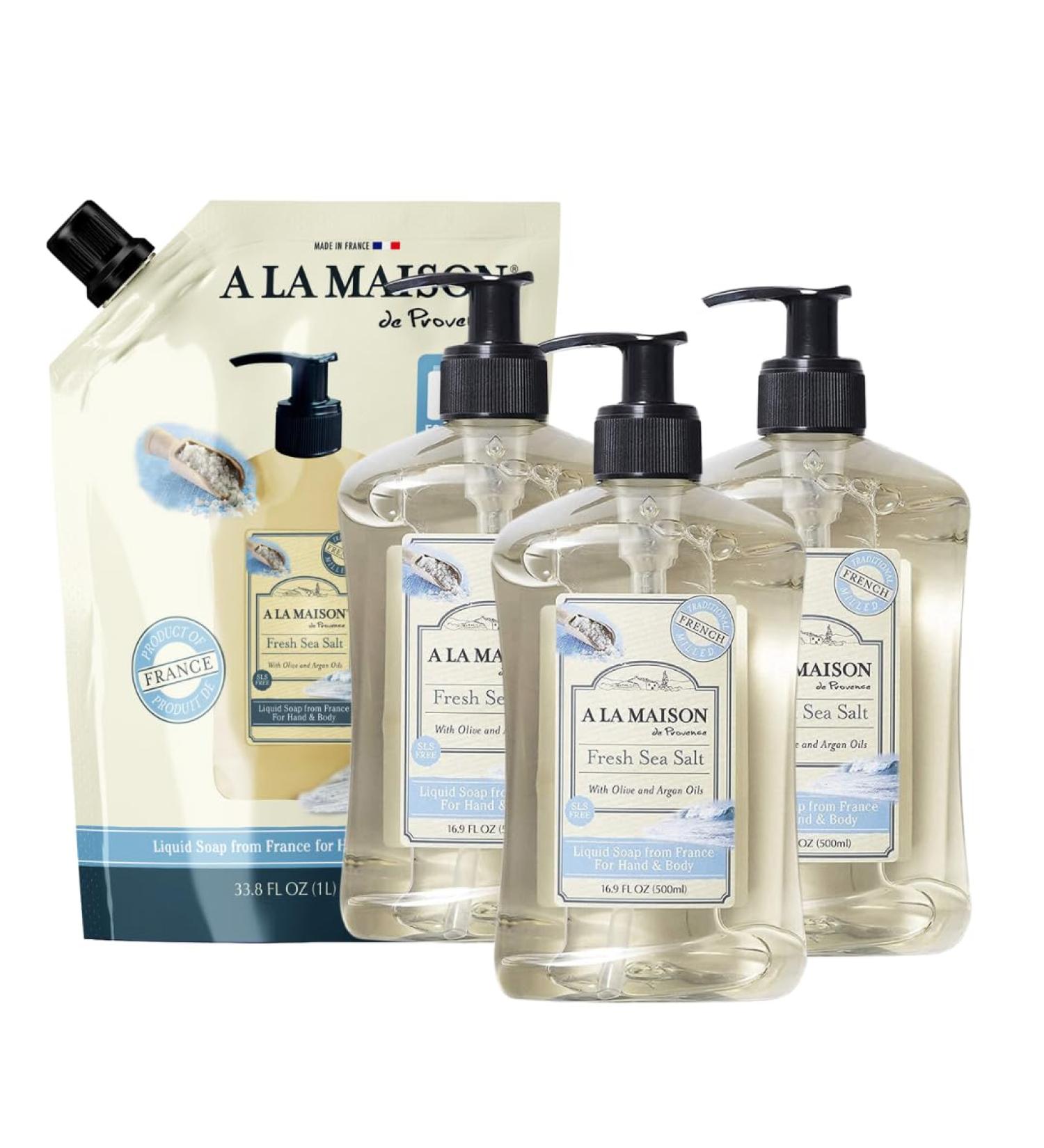 A LA MAISON French Liquid Hand Soap & Eco-Friendly Refill Pouch Combo - Fresh Sea Salt Natural & Biodegradable Plant-Based Hand Wash (3x16oz + 1L) - International Shipping Available - Buy Online on GoSupps.com