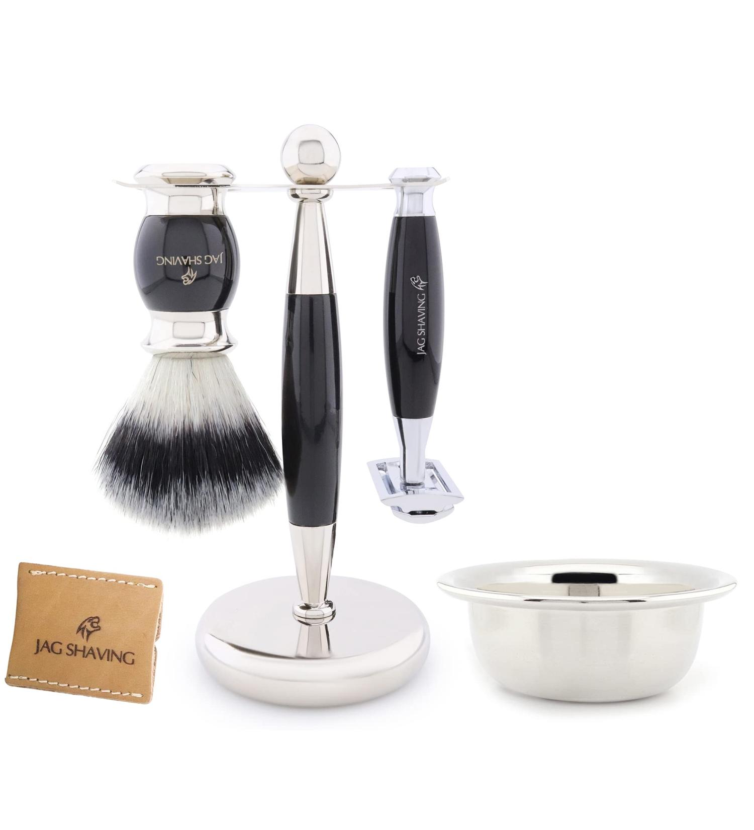 JAG Shaving Razor Set | 5-Part Premium Shaving Kit | Lee Range | Synthetic Silver Spitzhaar Brush | Double Edge Razor | Shaving Bowl & Stand | Leather Bag - Black - Buy Online on GoSupps.com