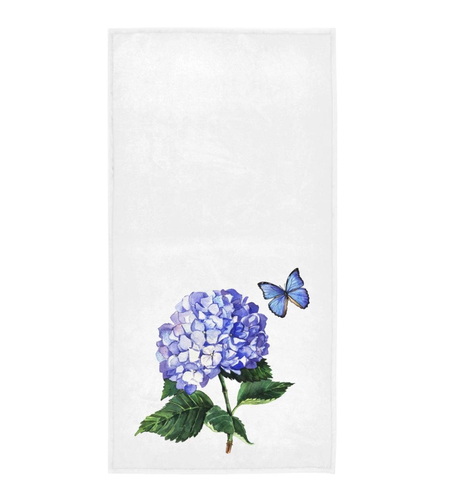 Blue Hydrangea Butterfly Hand Towels - 16x30 Spring Summer Watercolor Floral Towel for Bathroom, Kitchen, Gym, and Spa - Buy Online on GoSupps.com