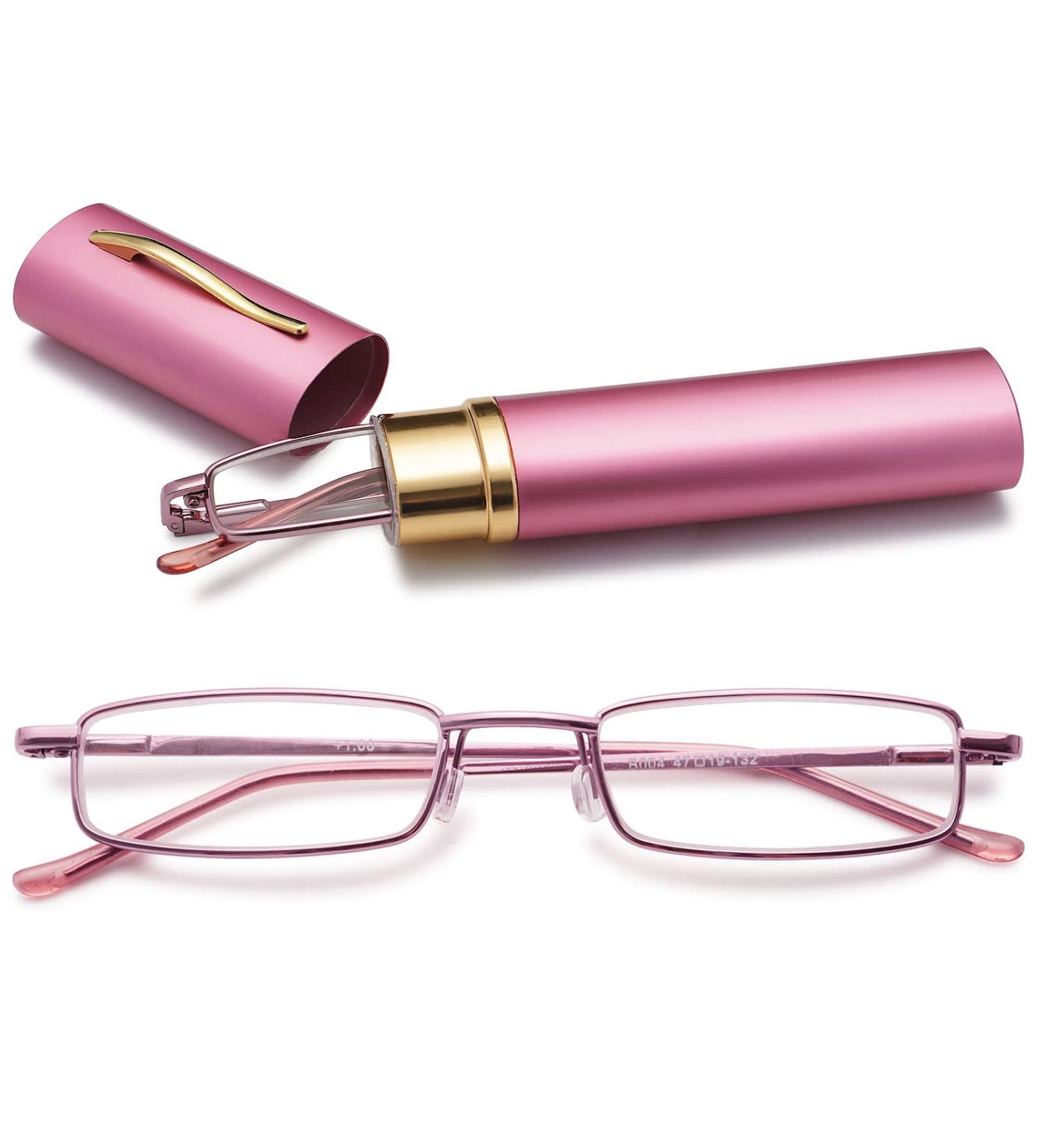 Vevesmundo Mini Compact Metal Reading Glasses with Light Filter - Spring Hinge Classic Design Pink & Blue - 2.5x Reading Aid - Buy Online on GoSupps.com