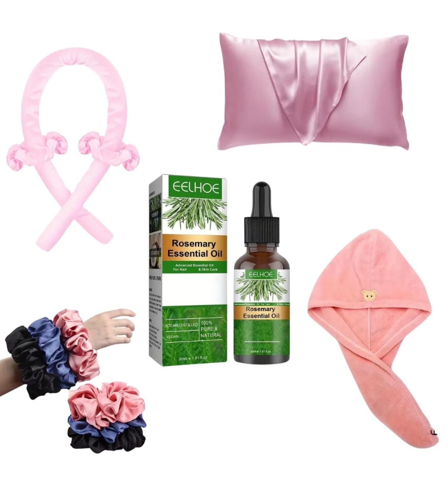 Beauty Box – Silk Pillowcase + Rosemary Essential Oil for Hair Care + Heatless Curling Headband + 3 Large Silk Scrunchies for Women