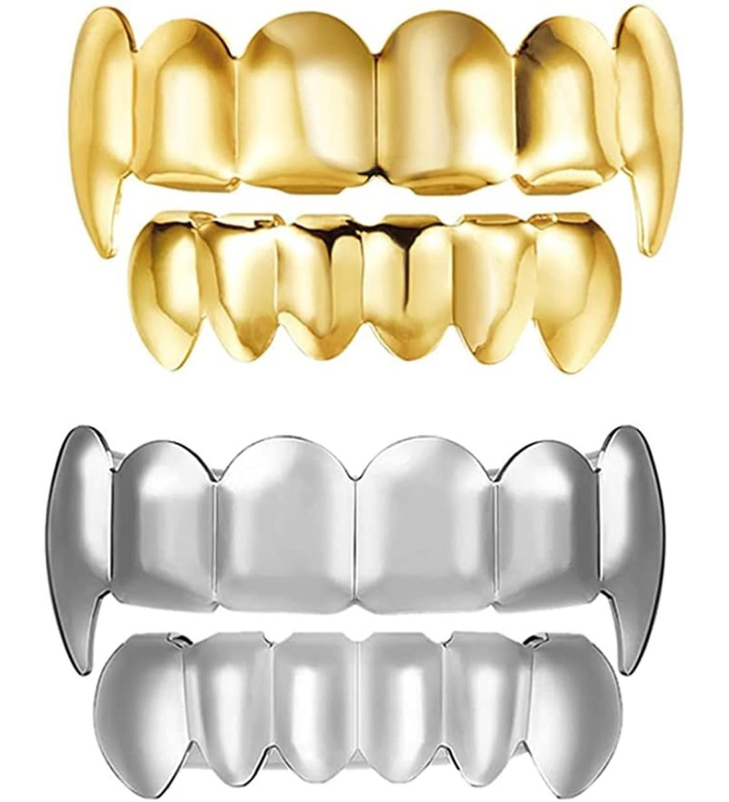 PULABO 2 Sets Hip Hop Tooth Grill Gold Silver Tooth Cap Brace Top Bottom Tooth Halloween Party Costume Tooth Lock Tooth Grill Decoration Creative