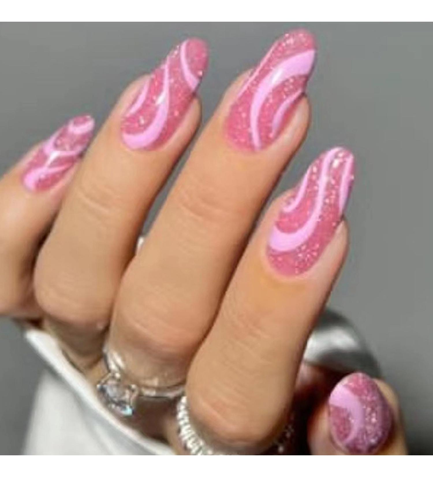 24Pcs French Press On Nails Blue Diamond Shimmer Flash False Nail Tips Wearable Full Cover Almond Artificial Acrylic Nails Tips AA2