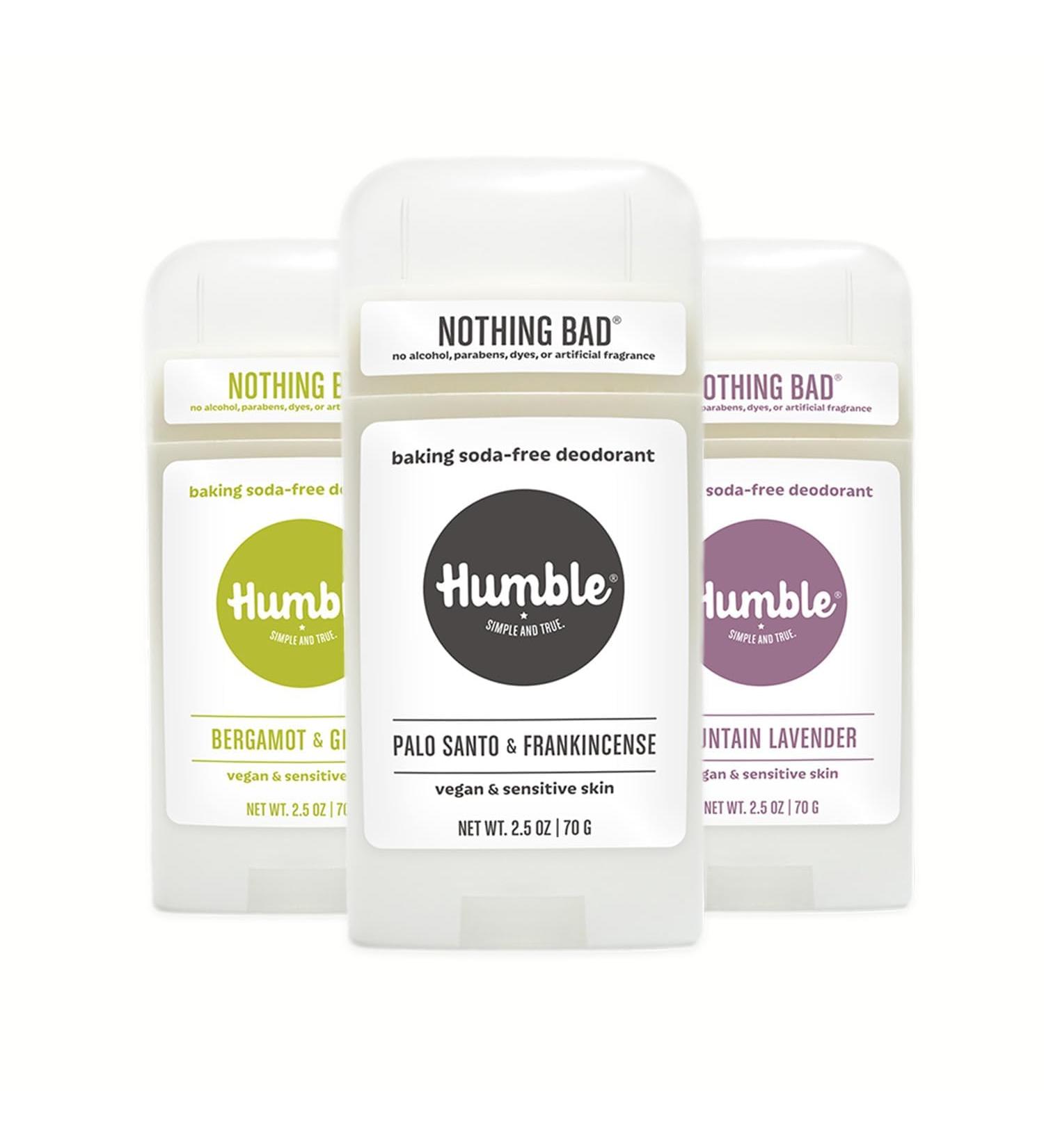 HUMBLE BRANDS Vegan Deodorant Sensitive Skin Trio with Palo Santo & Frankincense Mountain Lavender and Bergamot & Ginger 2.5 Ounce (Pack of 3) Sensitive Skin Trio 2.5 Ounce (Pack of 3) - Buy Online on GoSupps.com