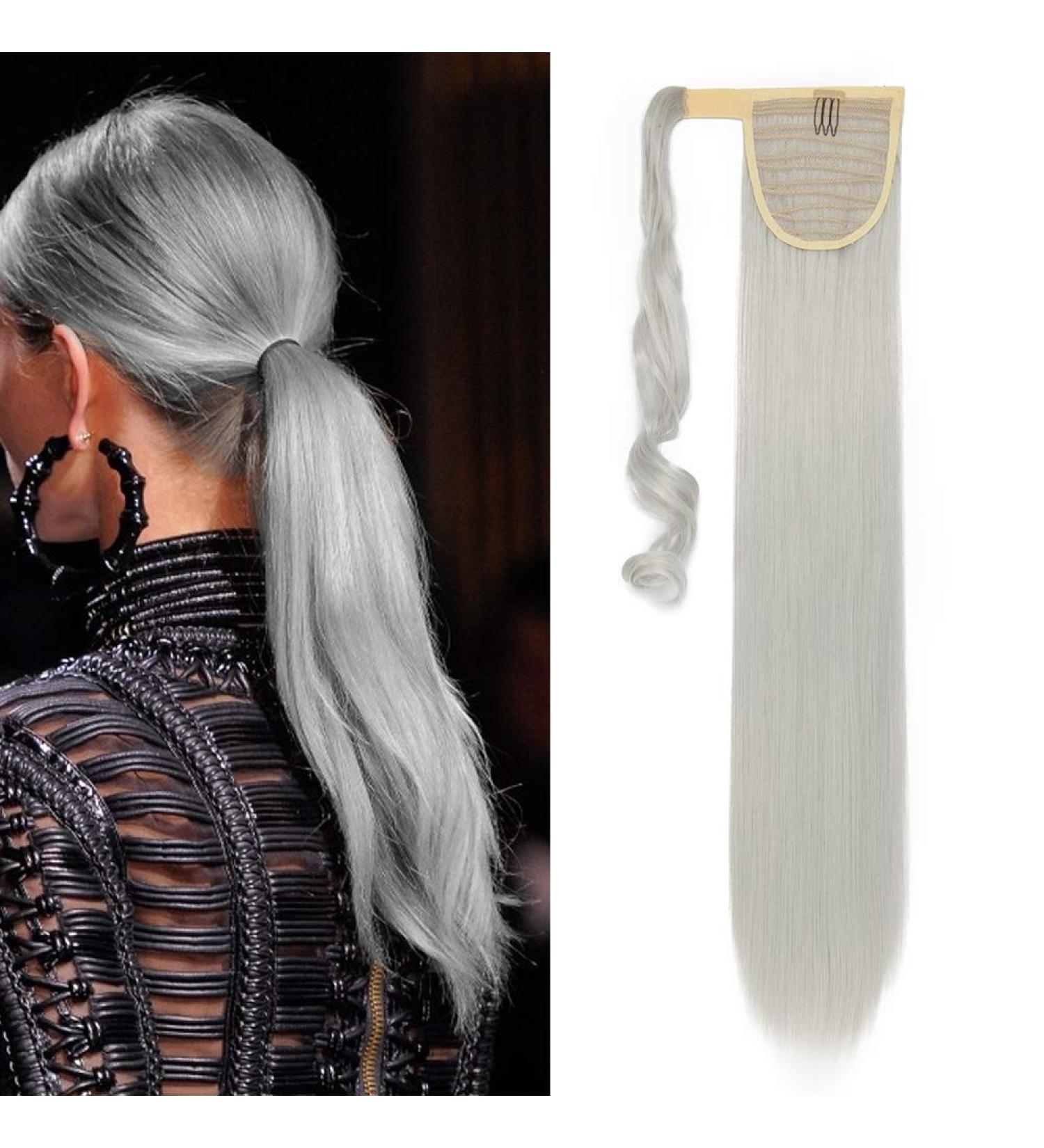 SILK-CO 26 Silver Grey Wrap Around Pony Tail Hair Extension - 26 Straight Synthetic Hairpiece for Women - Buy Online on GoSupps.com