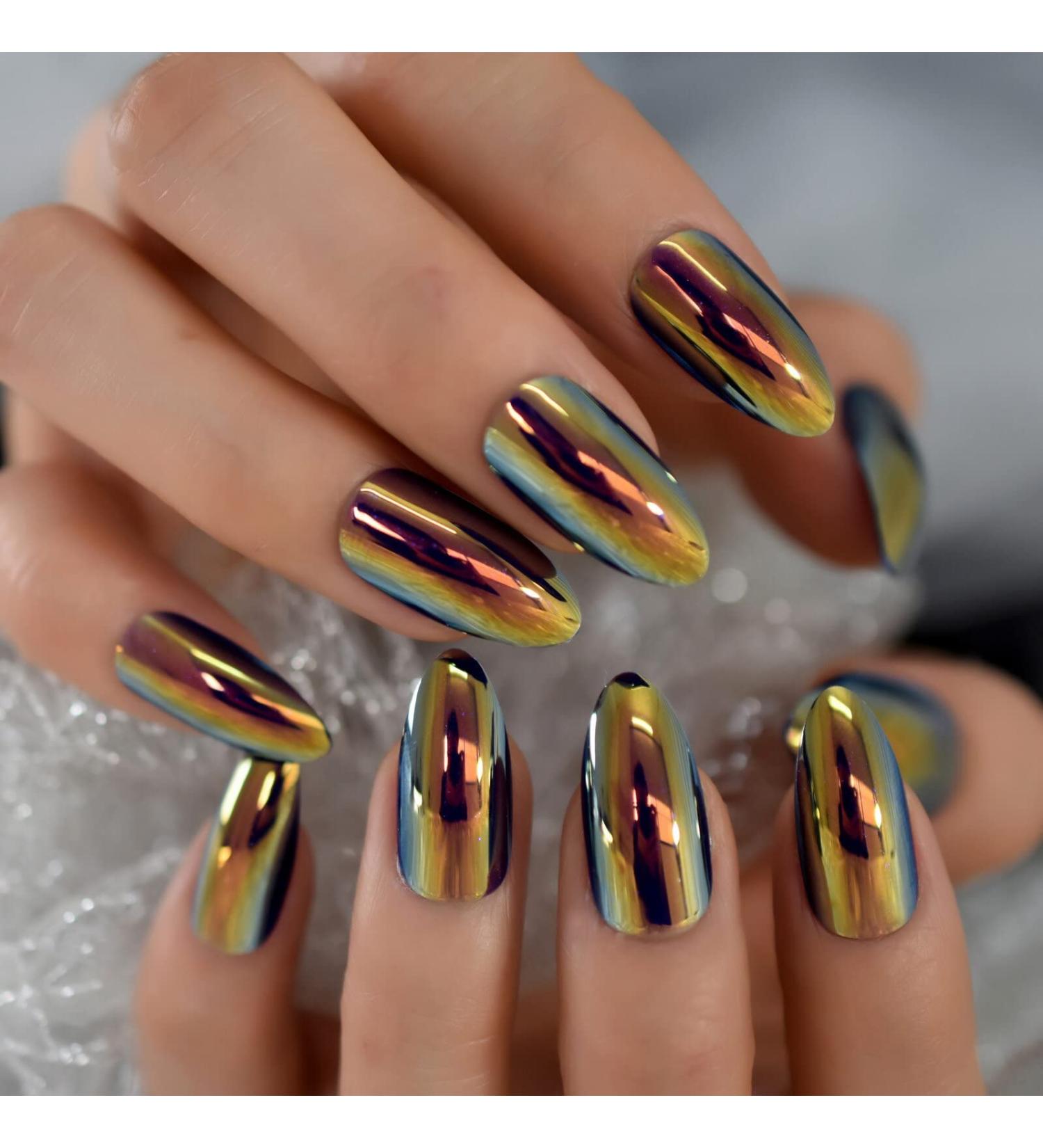 Punk Style Magic Gold Fake Nails - Long Metallic Mirror Almond Press On False Nails - Reusable DIY Nails Art Tips - iMABC L6301 - Buy Online on GoSupps.com
