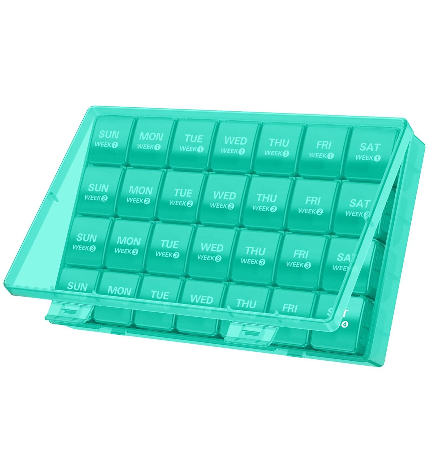 Annwer Large Monthly Pill Organiser 28 Day Pill Box Organizer by Week Large 4 Weeks One Month Pill Cases with Dust-Proof Container for Pills/Vitamin/Fish Oil/Supplements-Cyan - Buy Online on GoSupps.com