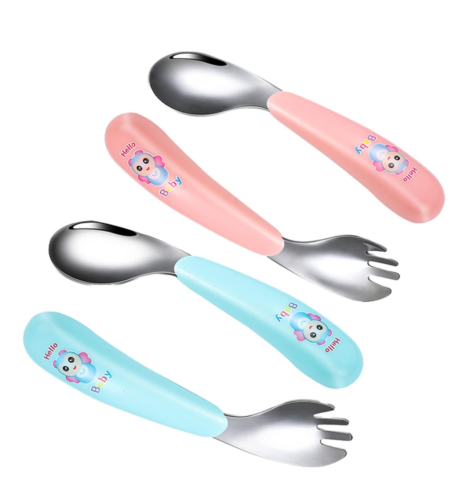4PC Baby Cutlery Set - Stainless Steel Curved Spoons & Forks for Toddlers - Self-Feeding Baby Utensils in Blue & Pink - Buy Online on GoSupps.com