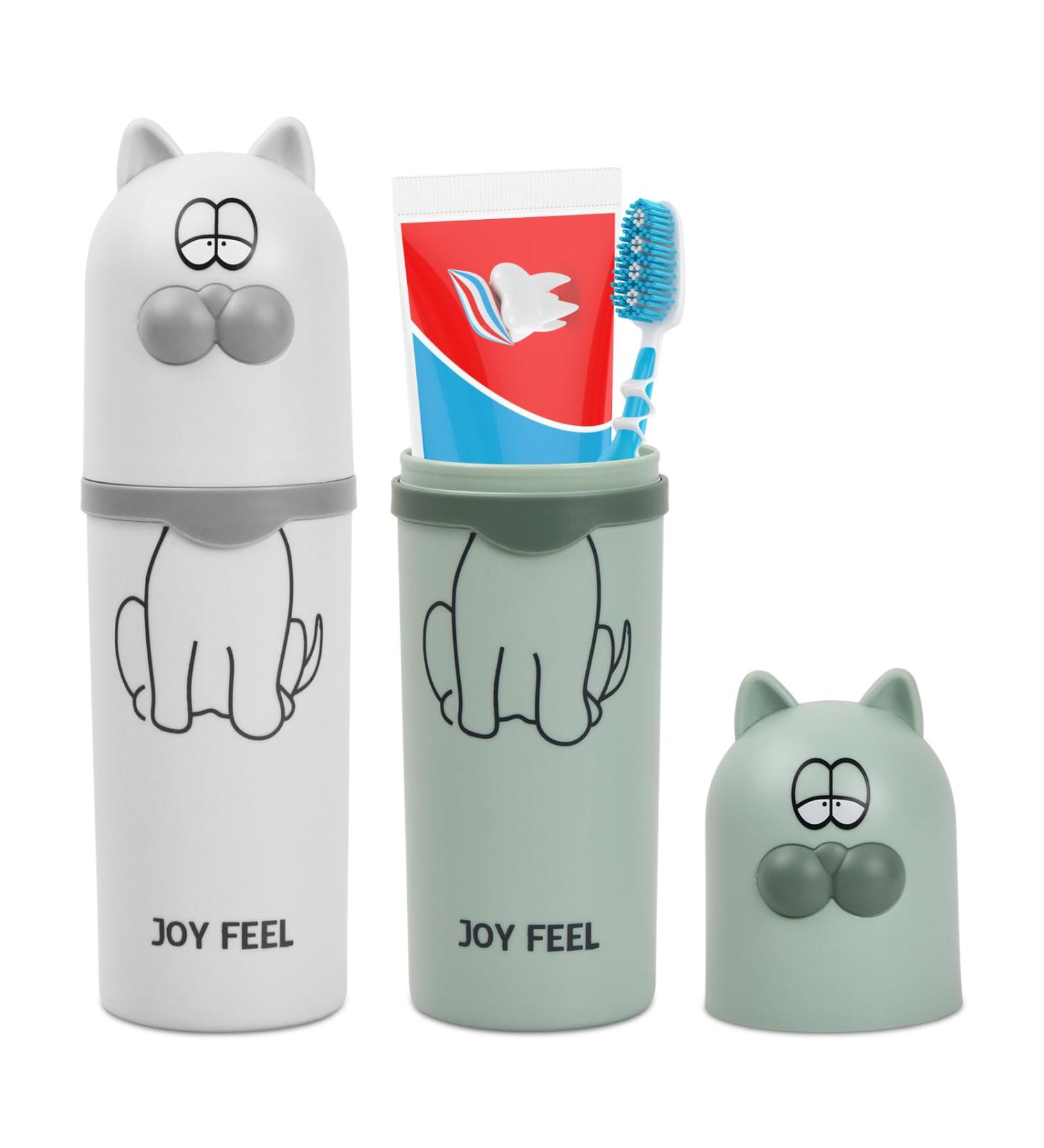 Cozlly 2-Pack Travel Toothbrush Cups for Kids - Cat Design Plastic Toothbrush Holder for Camping & School (White Green) - Buy Online on GoSupps.com
