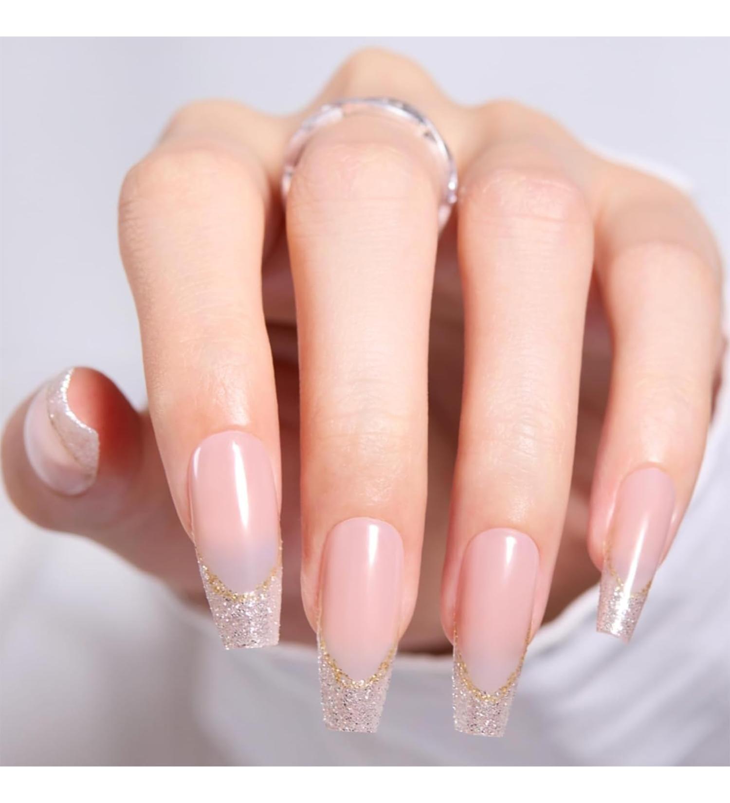 Beetles Press On Nails - 30 Pcs Medium Square Nude Pink Champagne Glitter - Easy DIY False Nails with Strong Glue - Perfect Gifts for Women & Girls - Buy Online on GoSupps.com