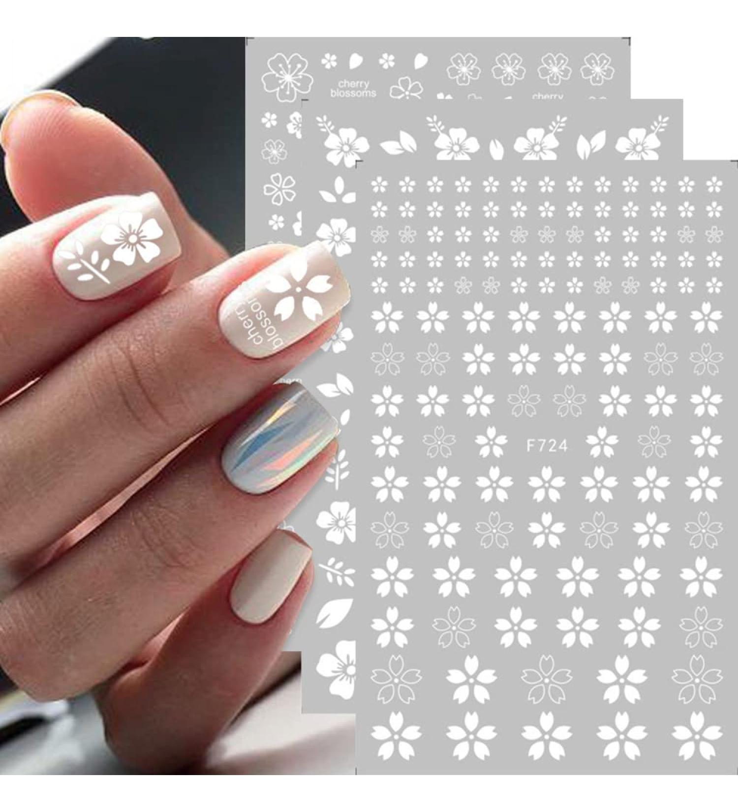 White Cherry Blossoms Nail Art Stickers - 3D Self-Adhesive Floral Decals for Acrylic Nails - Spring Nail Decoration (4 Sheets) - Buy Online on GoSupps.com