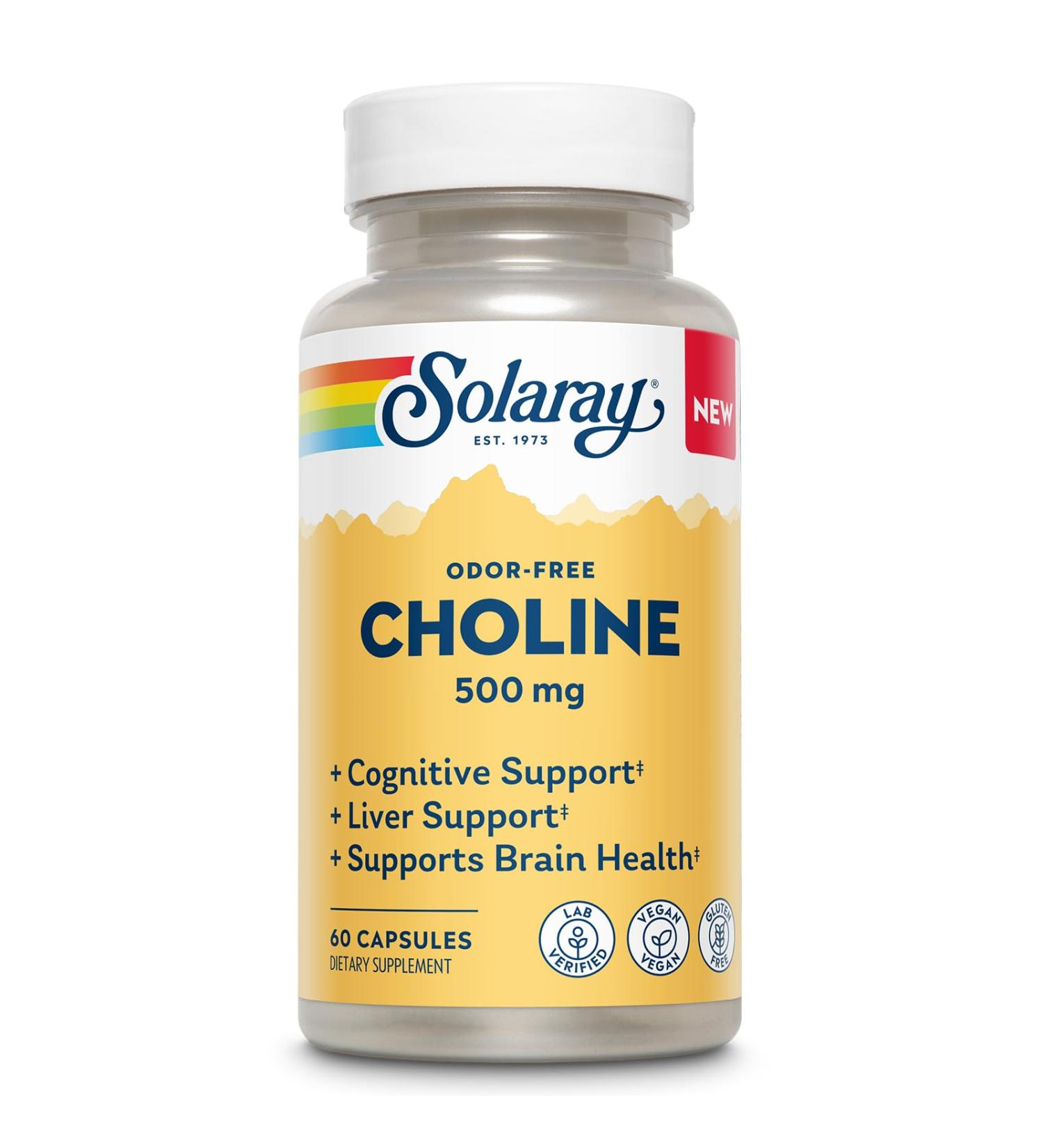 SOLARAY Choline 500 mg Cognitive Brain Health and Liver Support Supplement Powerful Brain Supplement & Choline Source for Adults Odor-Free Vegan Liquid VegCaps 60 Servings 60 Capsules - Buy Online on GoSupps.com