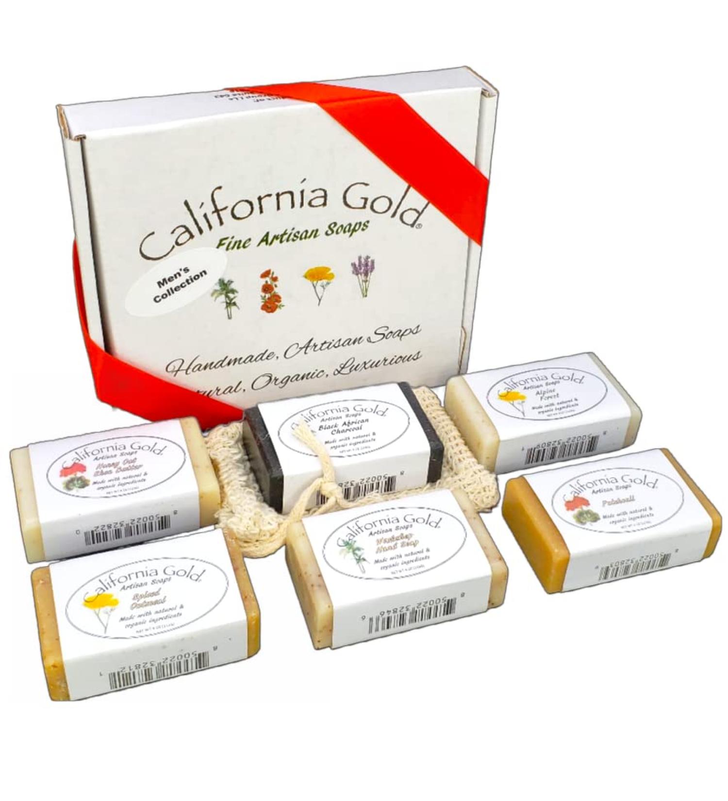 California Gold Artisan Soaps Gift Box Set for Men - 6 Bars (24oz) with Soap Saver Bag - Premium Quality Bar Soap for Gifting - Buy Online on GoSupps.com