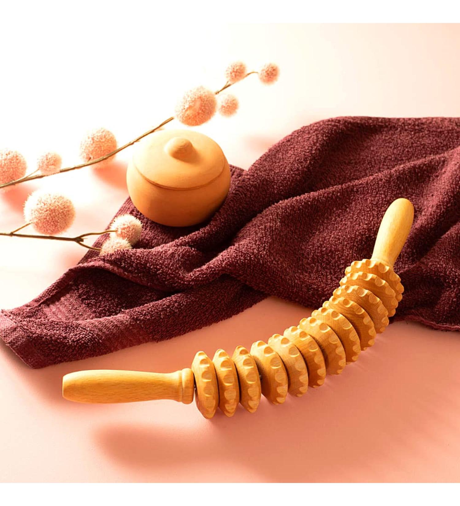 Mr. Woodware Curved Massage Roller - 39.6 cm Wooden Body Massager for Waist Thighs and Belly | Manual Self-Therapy & Anti-Cellulite Lymph Drainage Tool - Buy Online on GoSupps.com