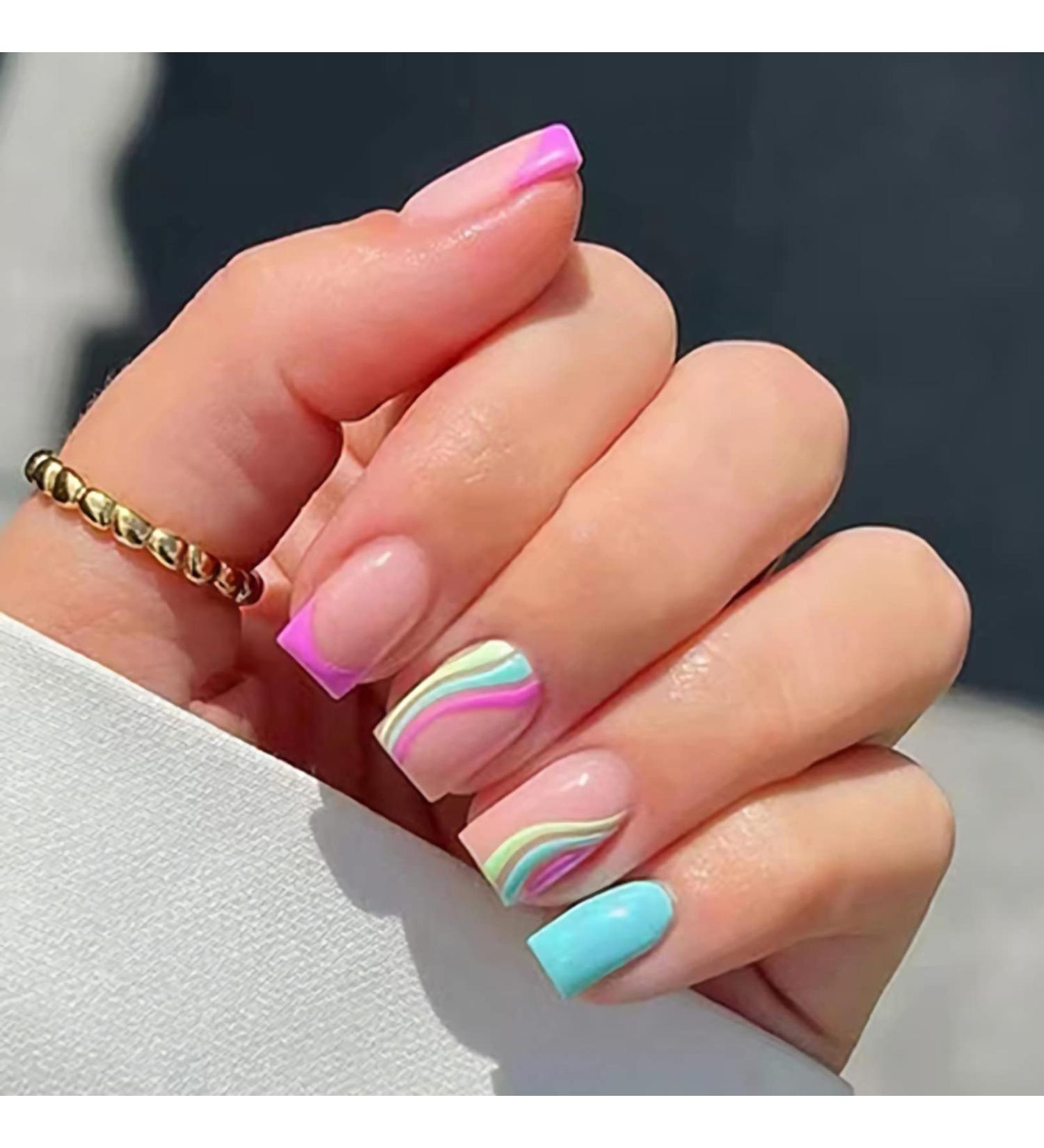 Colorful Waves French Tip Press on Nails - Glossy Blue & Pink Swirl Design | 24Pcs - Buy Online on GoSupps.com