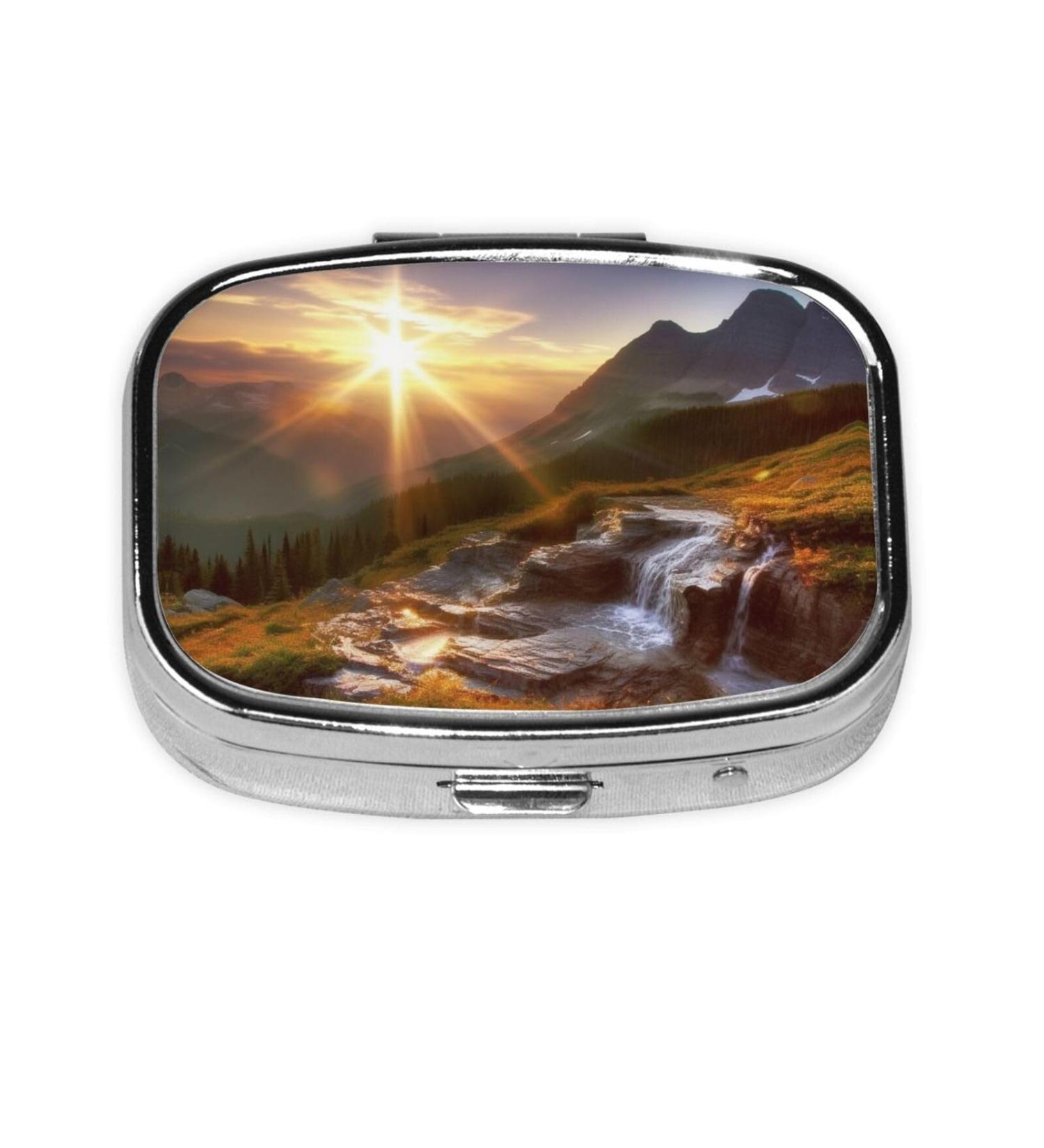 Mountain Sunrise Landscape Pill Case | Cute Travel Pill Organizer - 2 Compartment Small Pill Box for Purse & Gifts - Buy Online on GoSupps.com